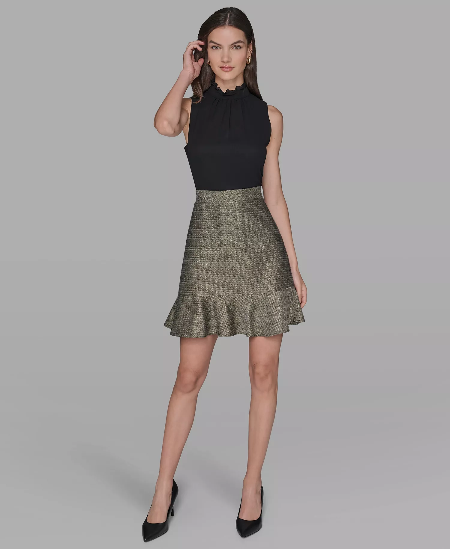 Women's Mock Neck Flounce Hem A-Line Dress - Black/Gold multi - 14