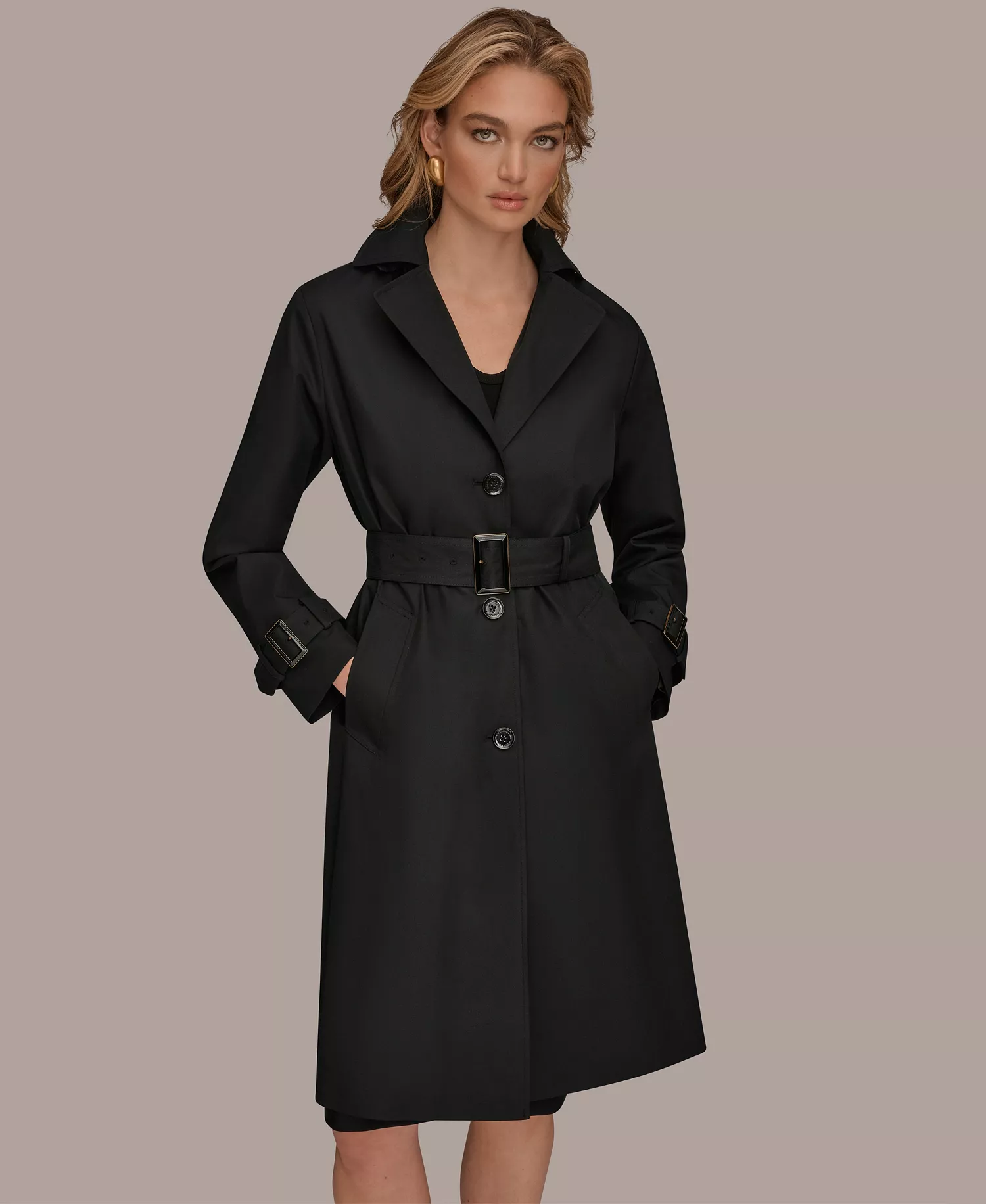 Women's Single Breasted Belted Trench Coat - Black - L