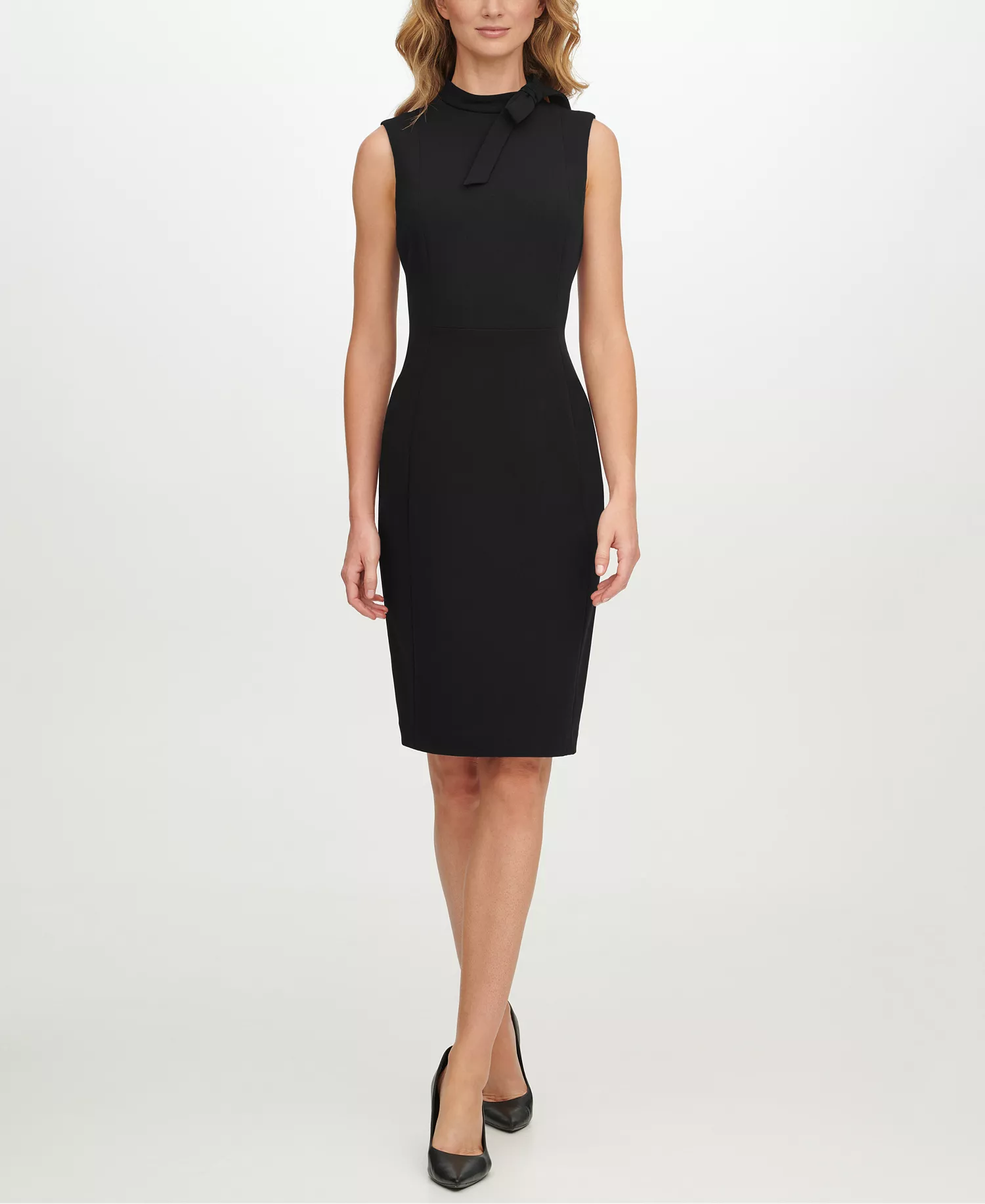 Petite Bow-Neck Sheath Dress - Black - 10P