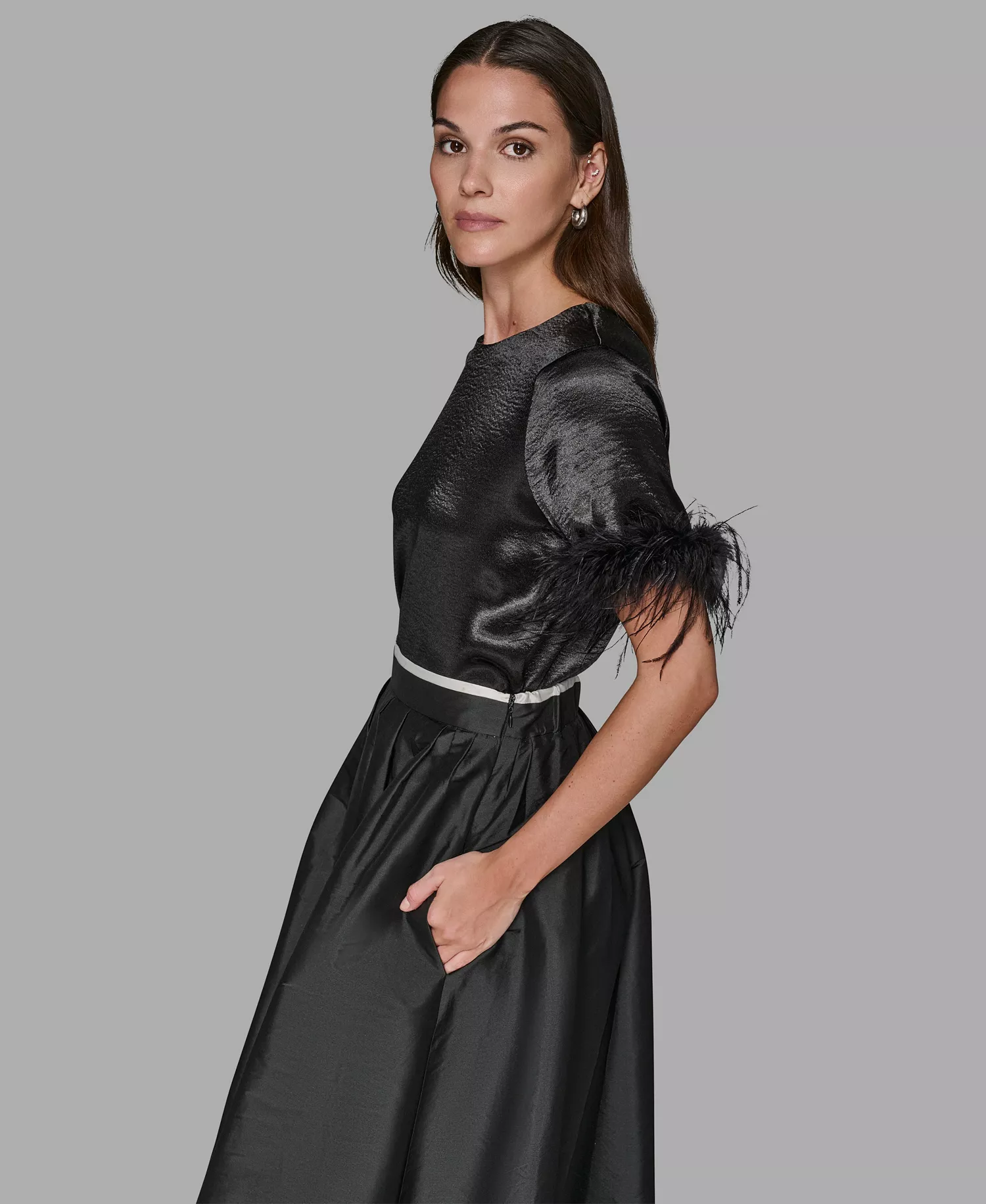 Women's Crewneck Feather Trim Top - Black - M