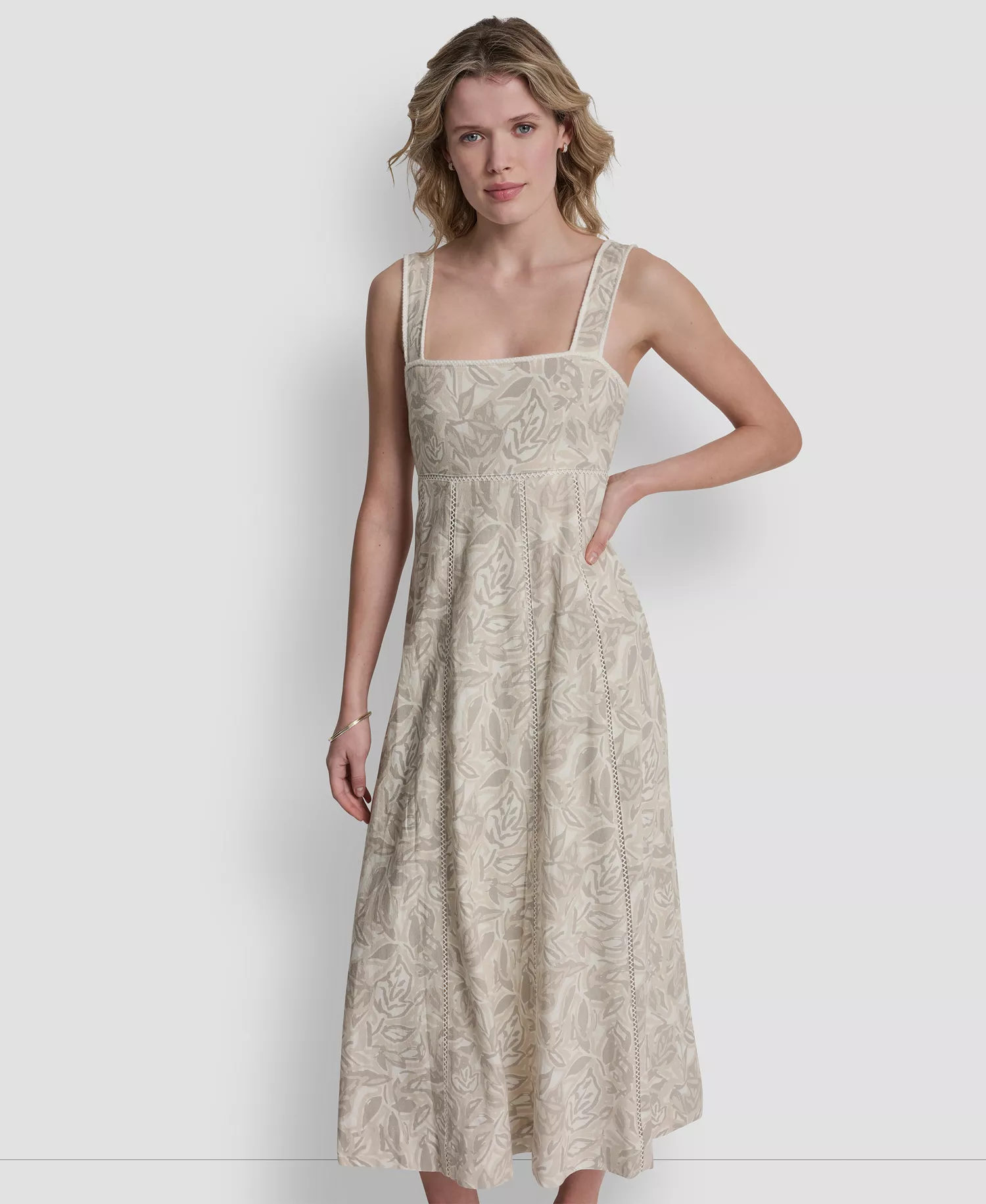 Women's Seamed Linen-Blend Tank Square Neck Dress - Cut Out Floral-pebble - L