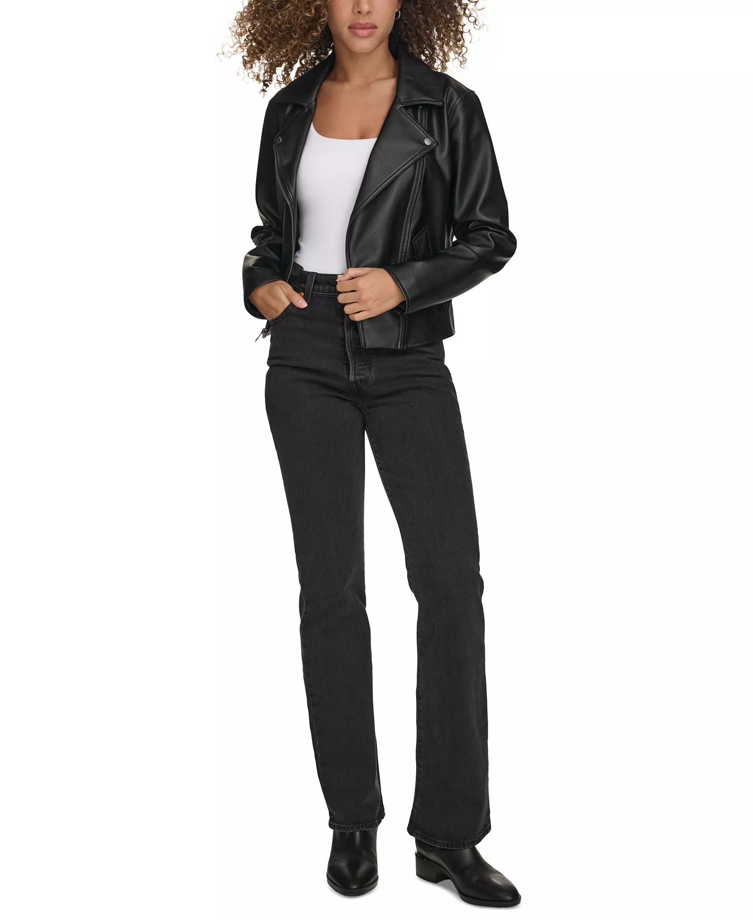 Women's Faux-Leather Asymmetric-Zip Moto Jacket - Black - L