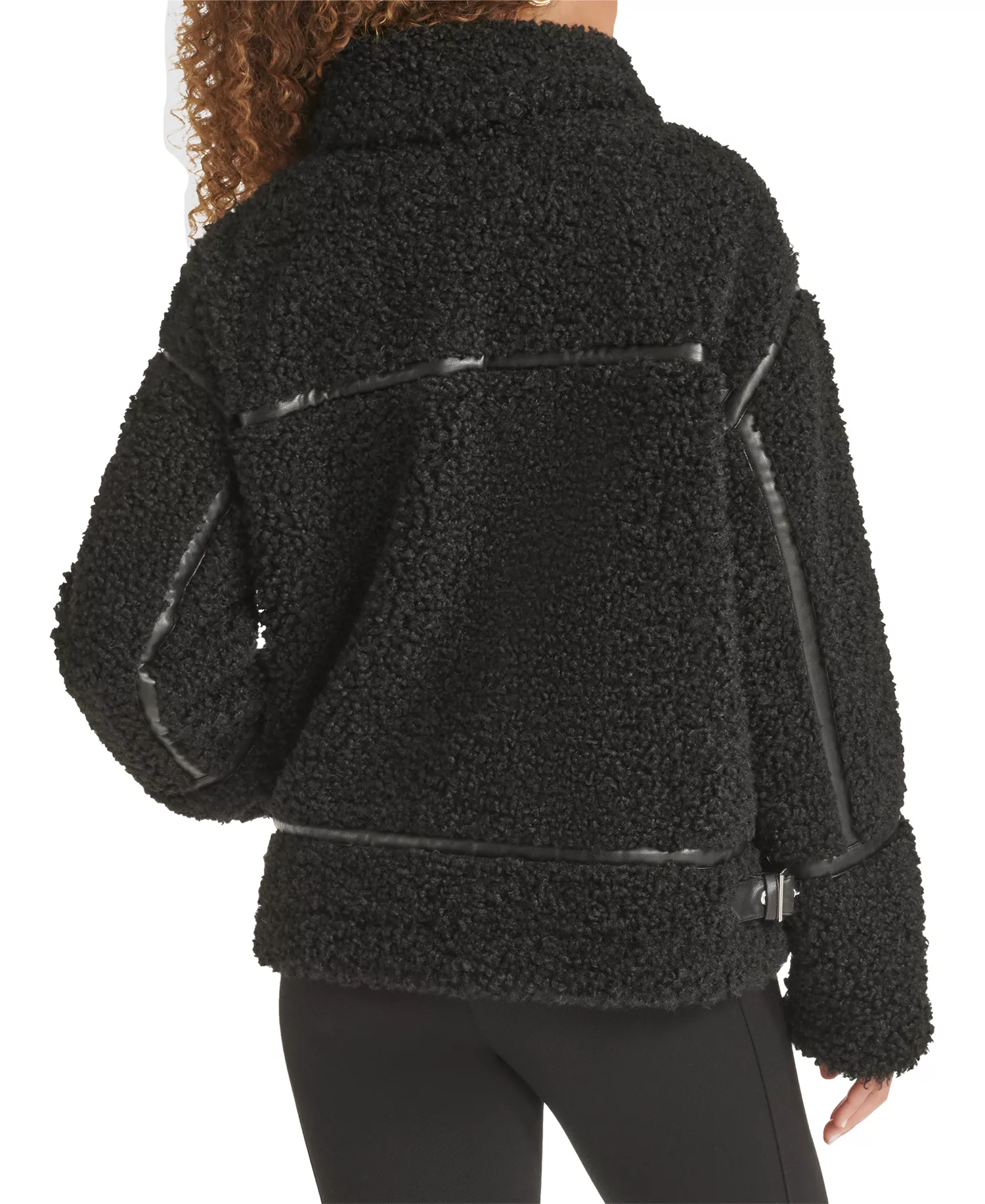 Women's Faux-Leather-Trim Teddy Moto Coat - Black - L