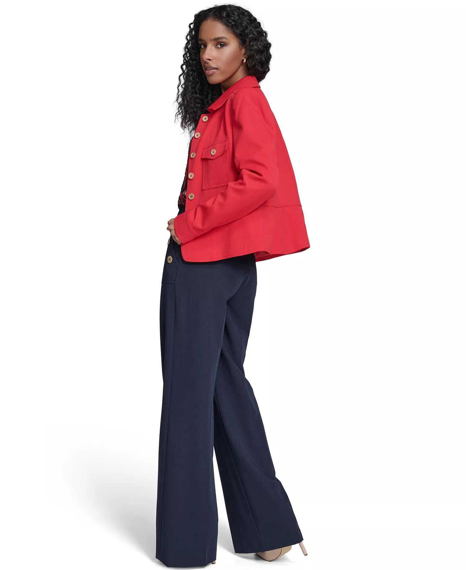 Women's Military Style Button Front Twill Jacket, Sailor Pants and Striped Popover Blouse - Scarlet - 0