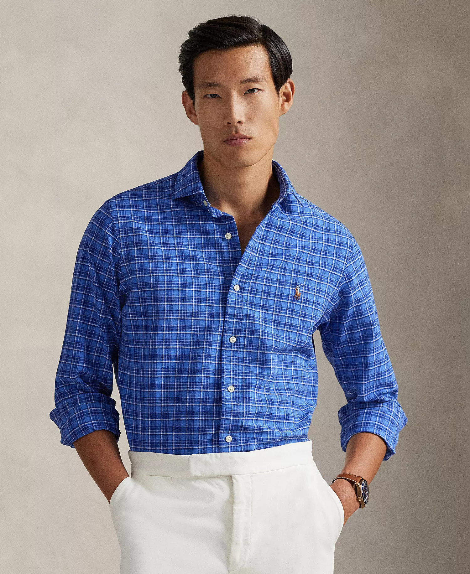 Men's Custom-Fit Plaid Oxford Shirt - Blue Multi - 2XL