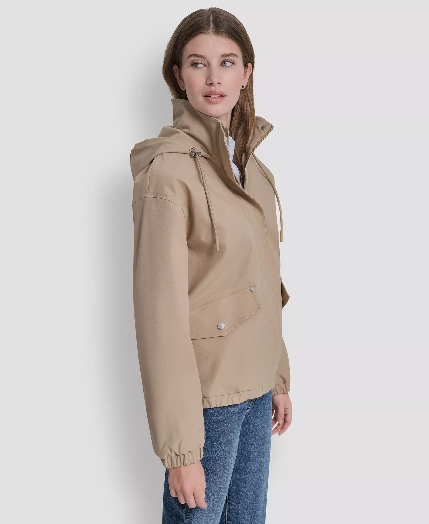 Women's Stand Collar Bomber Raincoat - Khaki - L