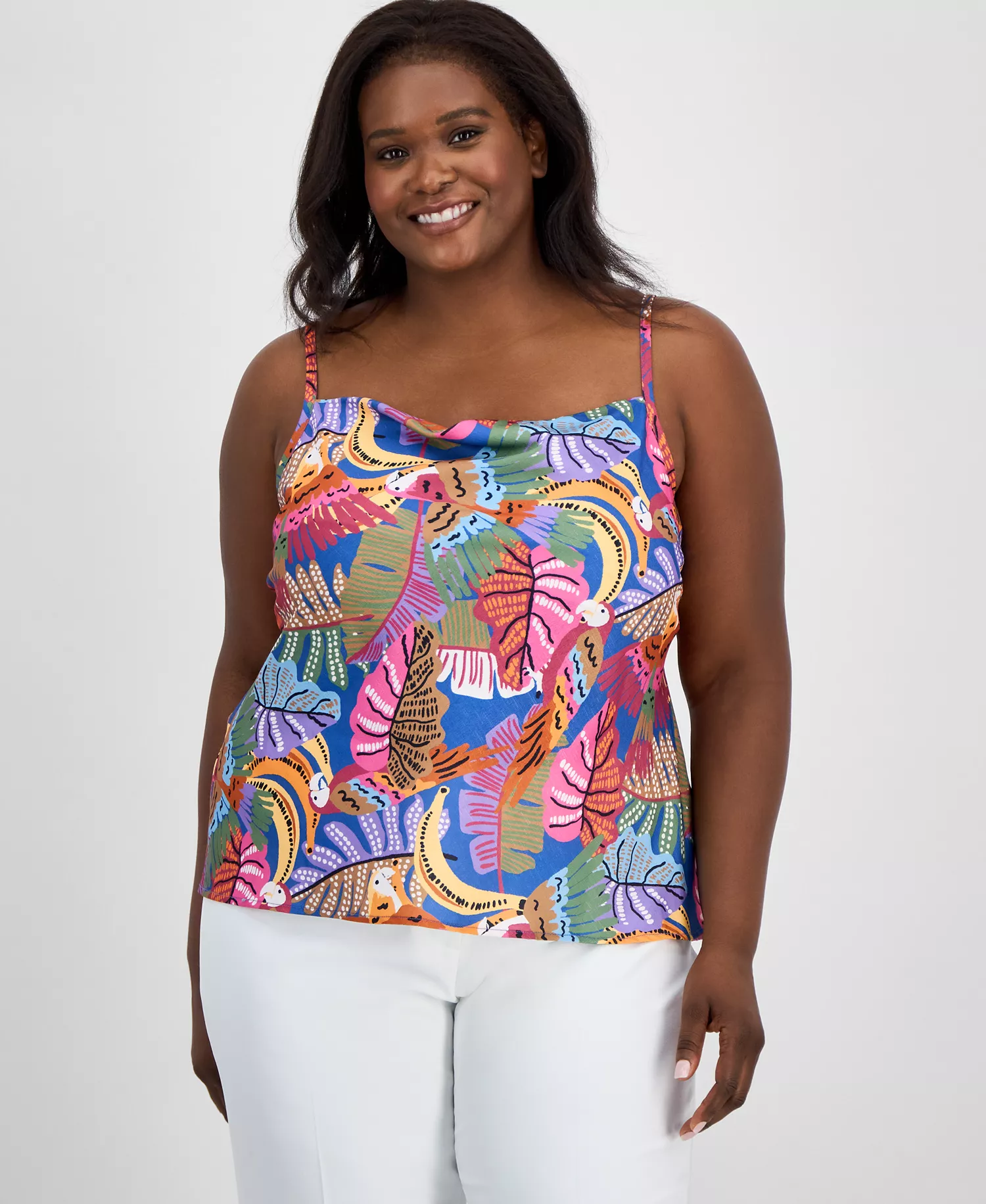 Plus Size Printed Satin Draped-Neck Camisole Top - Wild Berry - 1X