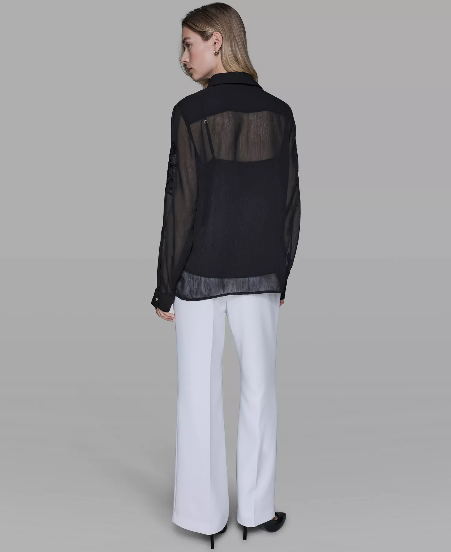 Women's Long-Sleeve Embroidered Flower Blouse - Black - L