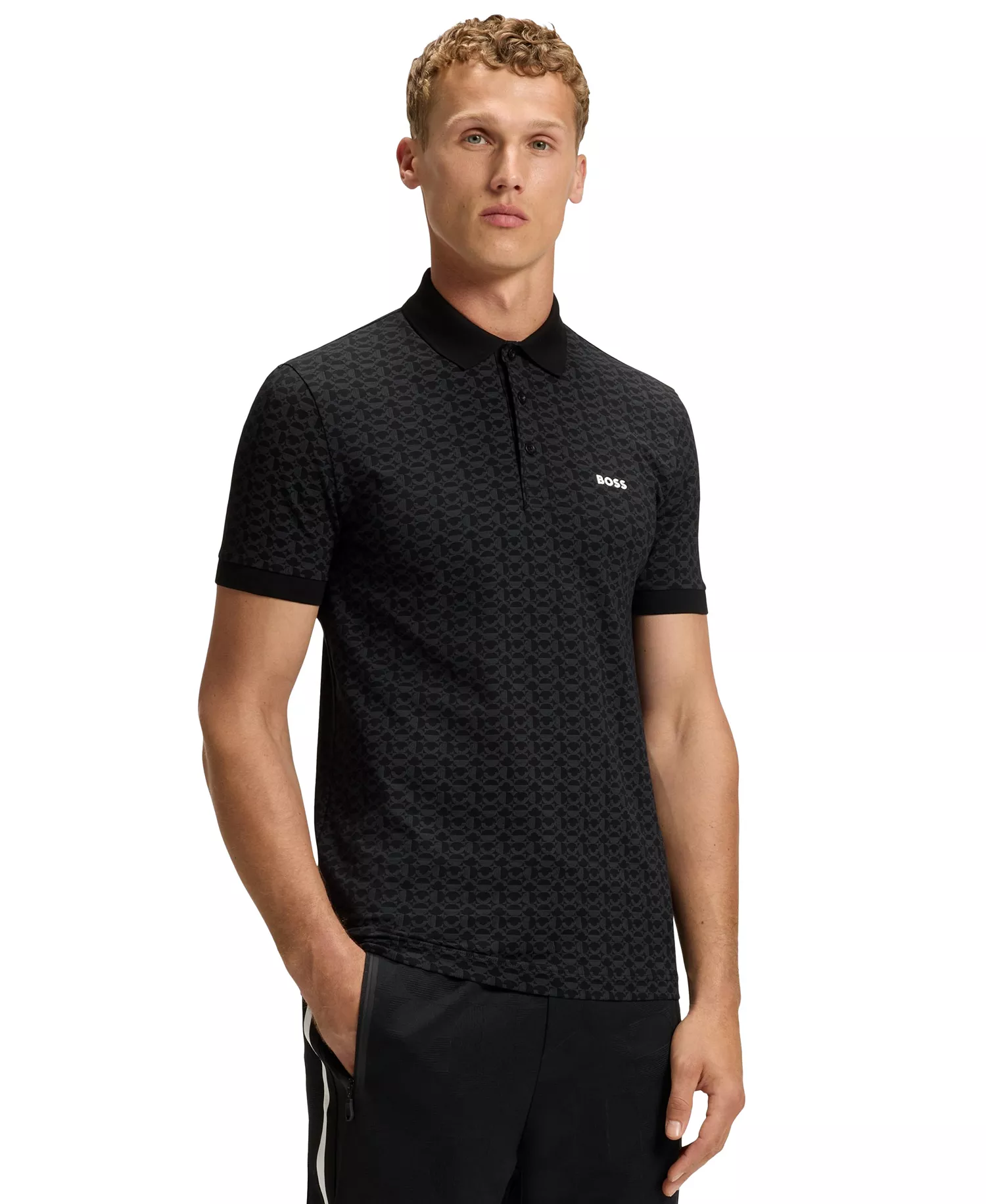 Men's Stretch Cotton Printed Paddy Polo Shirt - Black - M