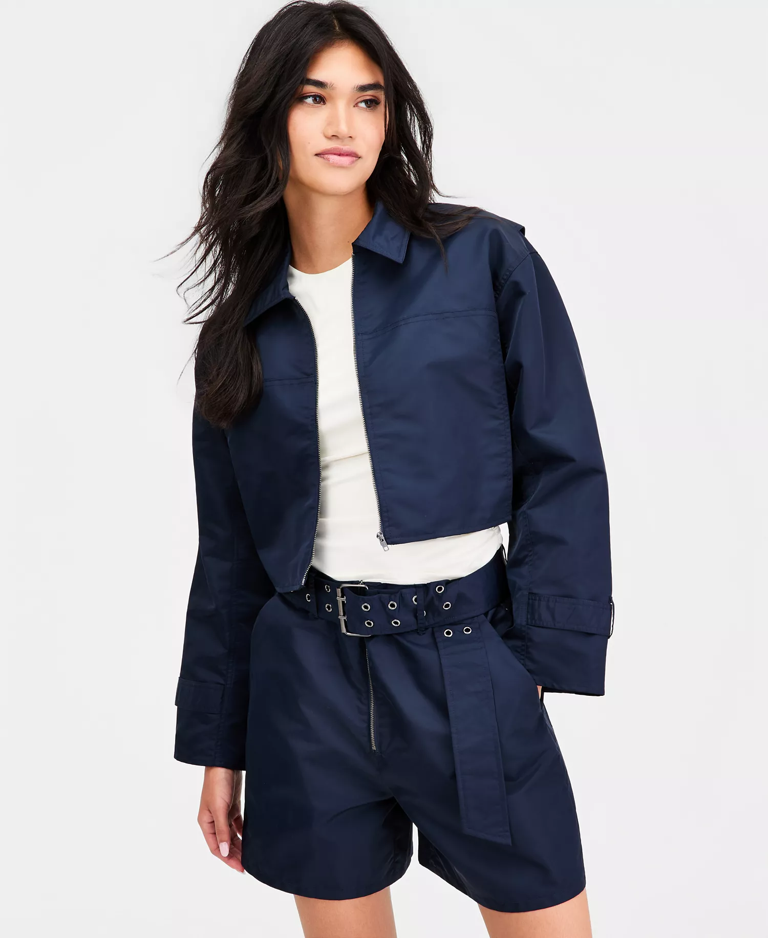 Women's Cropped Belted-Cuff Jacket, Macy's Exclusive - Navy - L