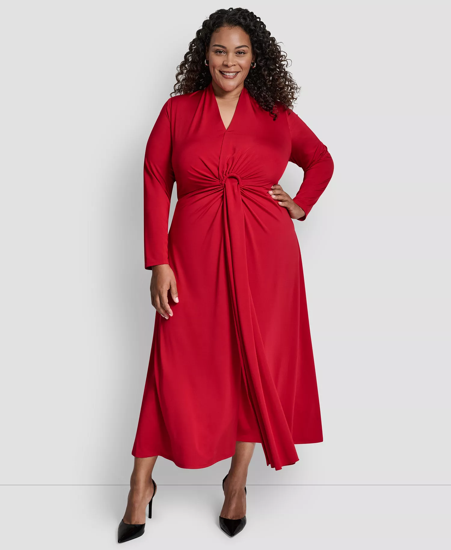 Plus Size Long Sleeve O-Ring Maxi Dress - Red - 14W