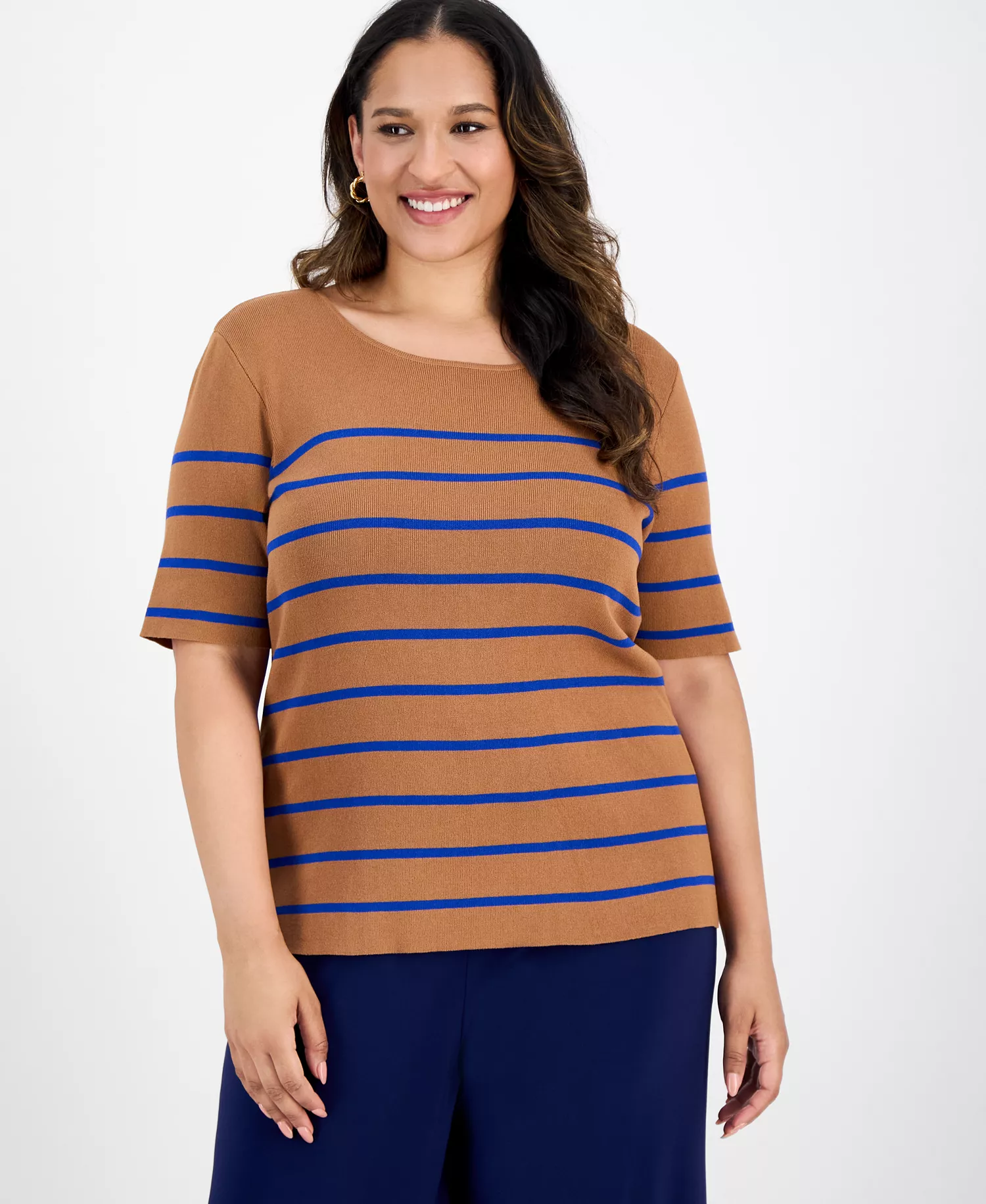 Plus Size Striped Short-Sleeve Top - Camel New Royal - 1X