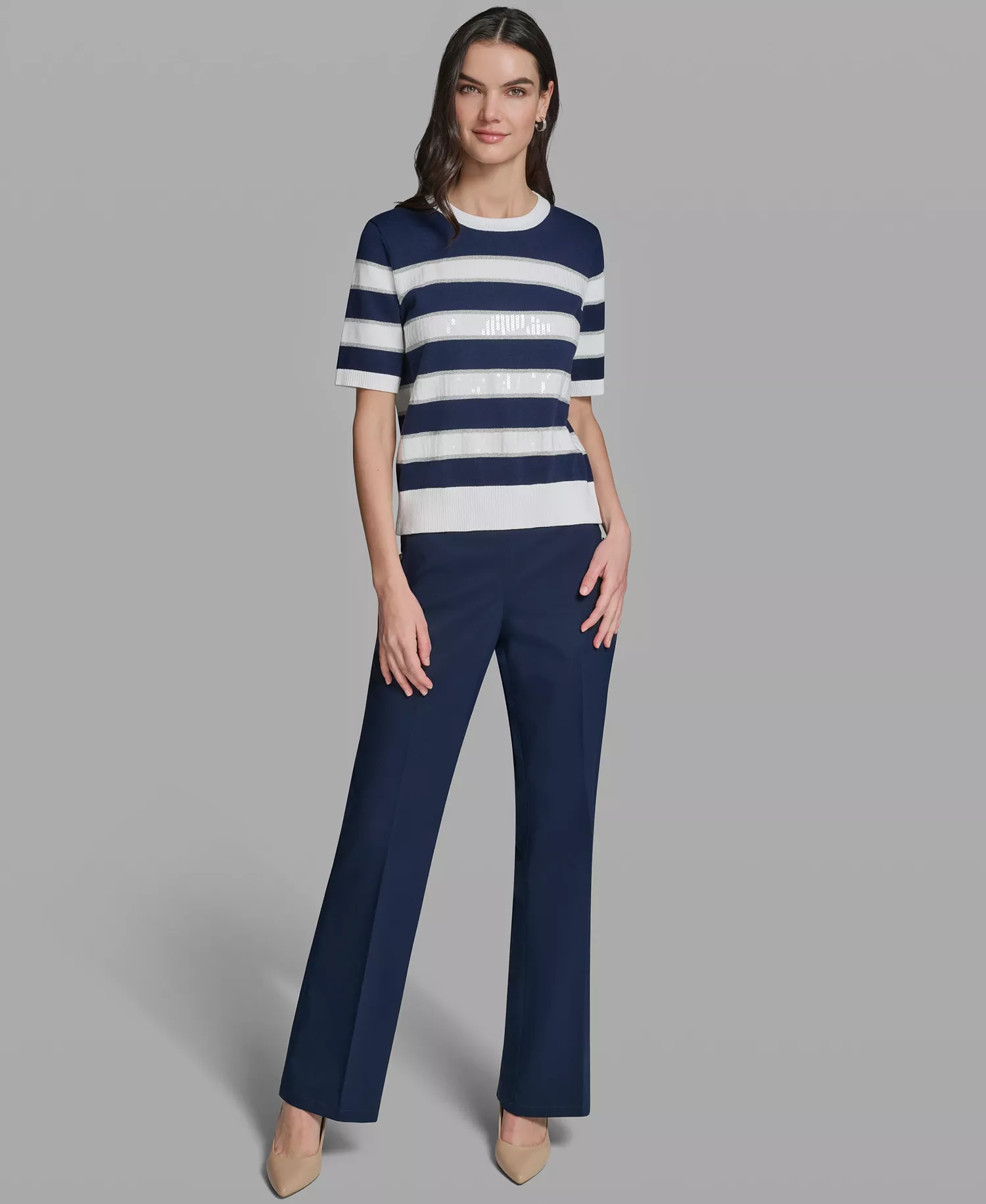 Women's Short-Sleeve Crewneck Sequin Stripe Sweater - Navel Academy/soft White - L