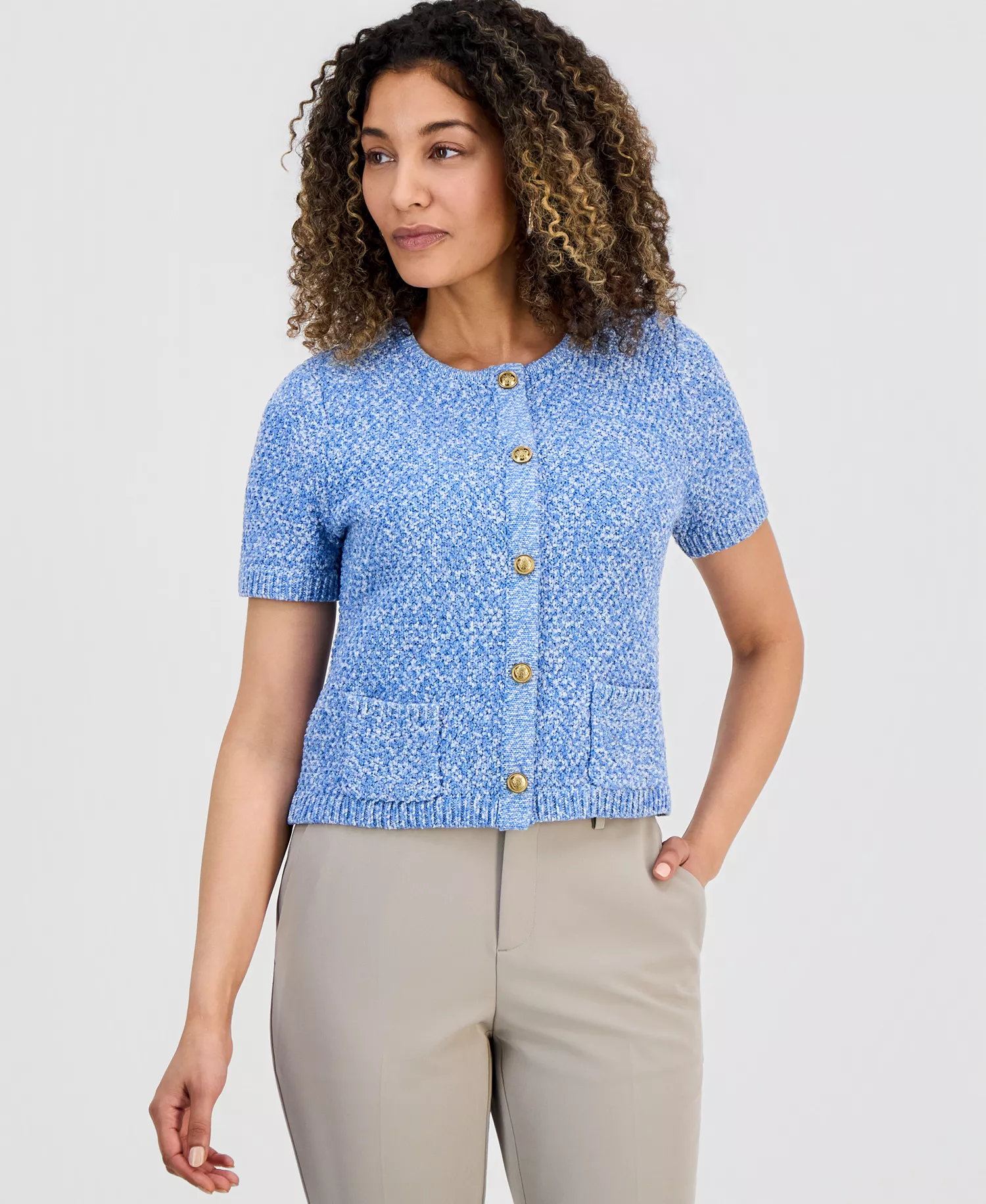 Petite Marled Short-Sleeve Cardigan, Macy's Exclusive - Bliss Blue - P/L