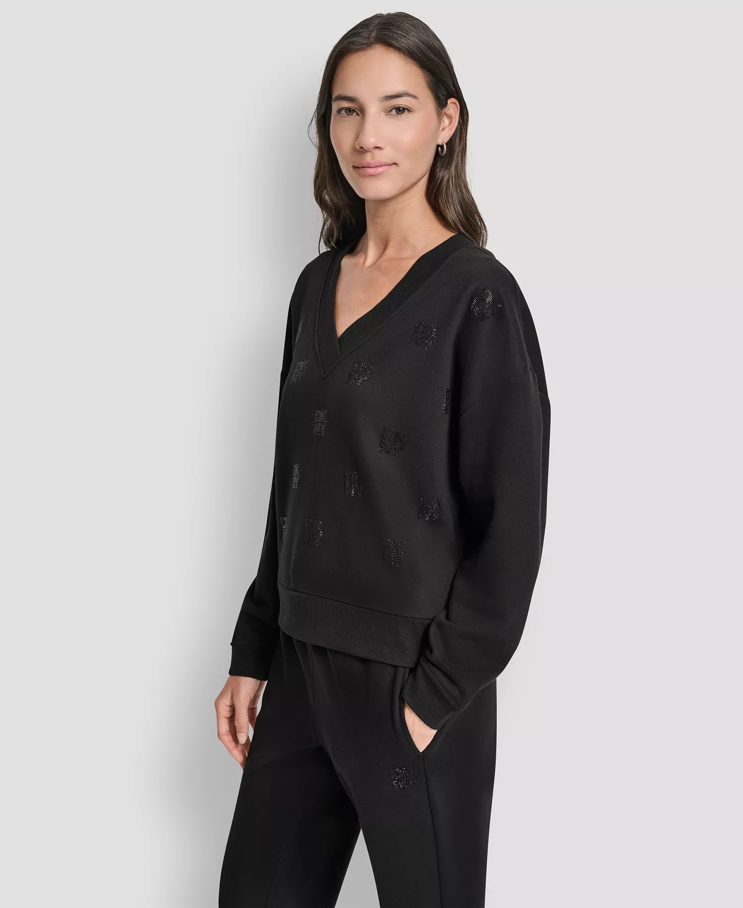 Women's Allover Stack Rhinestone V-Neck Sweatshirt - Black - L