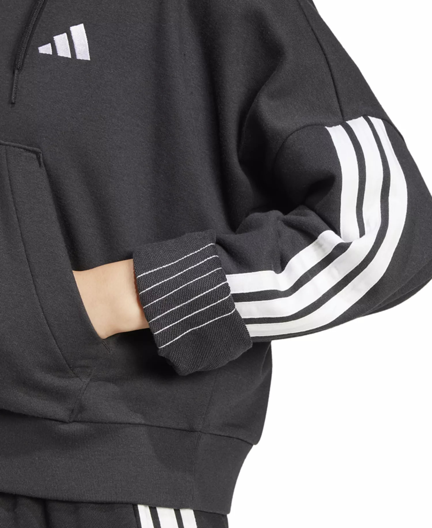 Women's Essentials 3-Stripes French Terry Quarter-Zip Hoodie - Black/White - 2XL