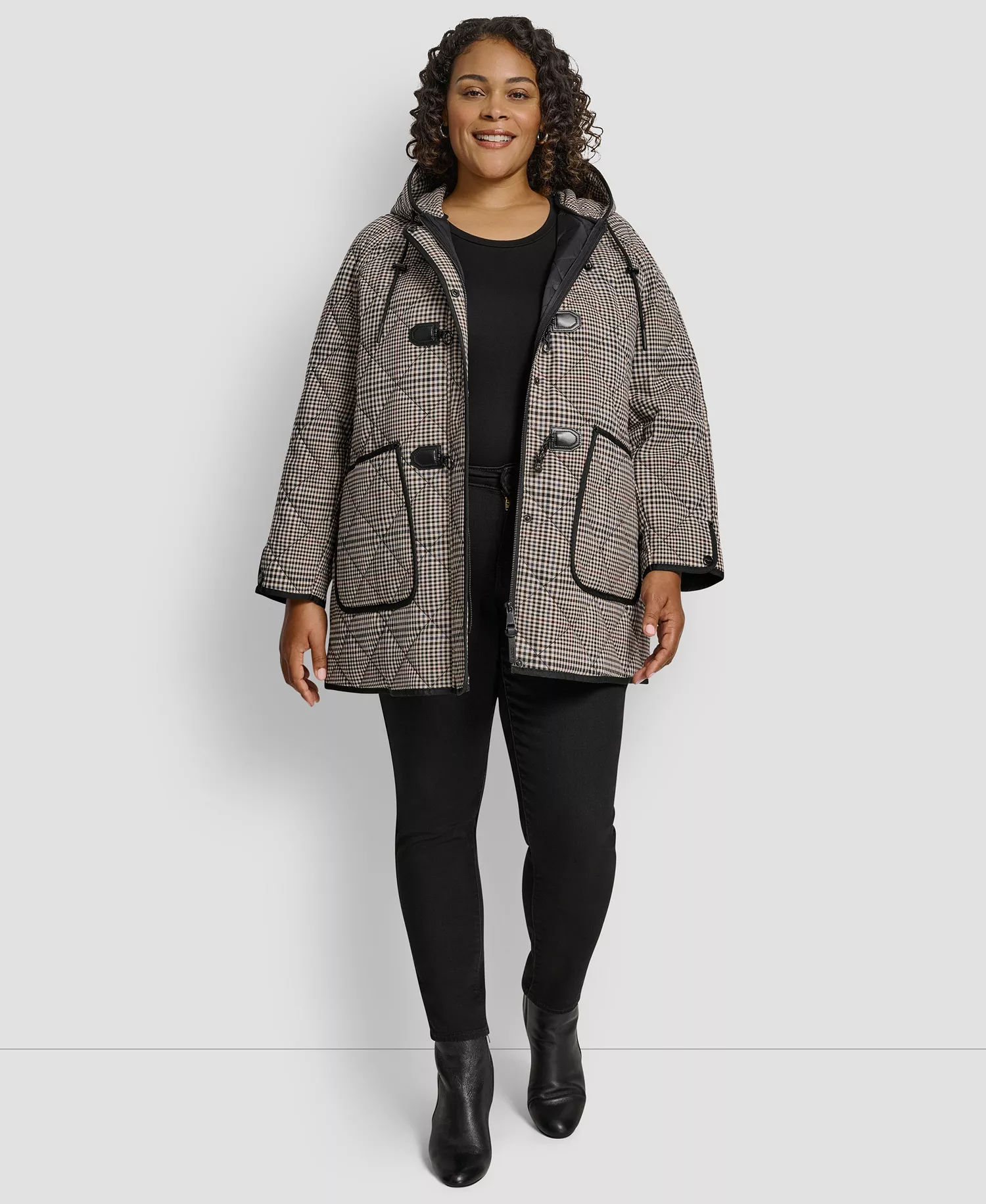 Plus Size Hooded Toggle-Front Quilted Coat - Plaid - 1X