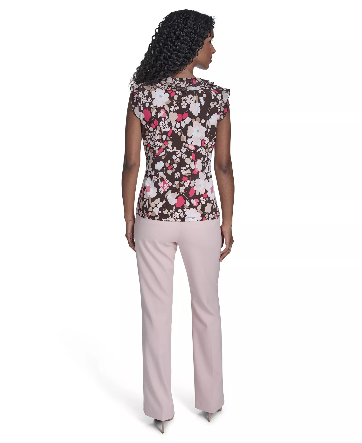 Women's Floral Mixed Media Ruffle Top - Chicory Multi - L