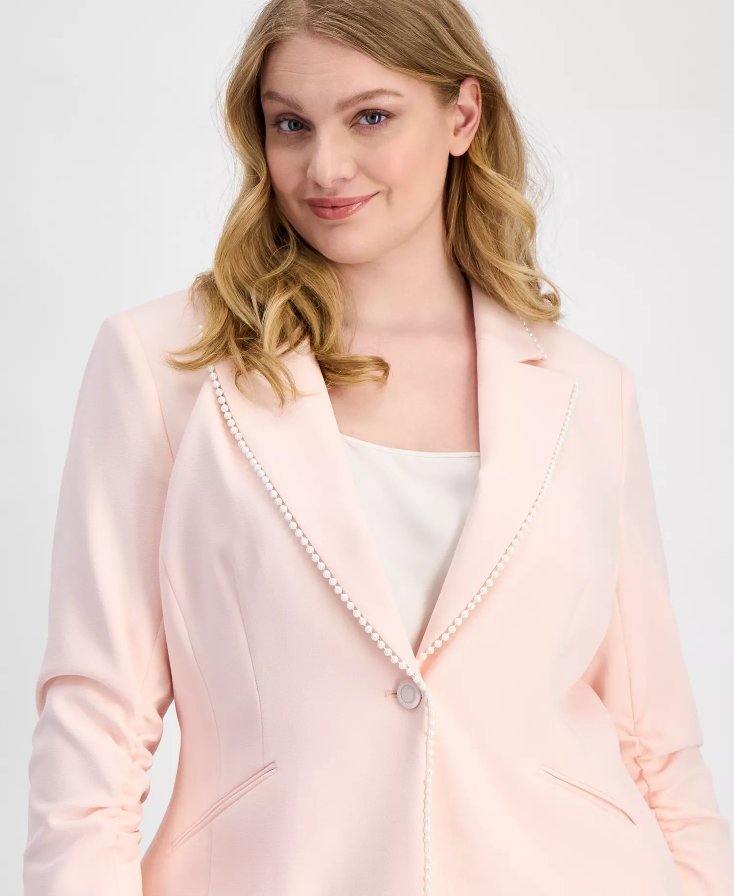Plus Size Faux-Pearl-Trim Ruched-Sleeve Blazer - Tea Rose - 14W