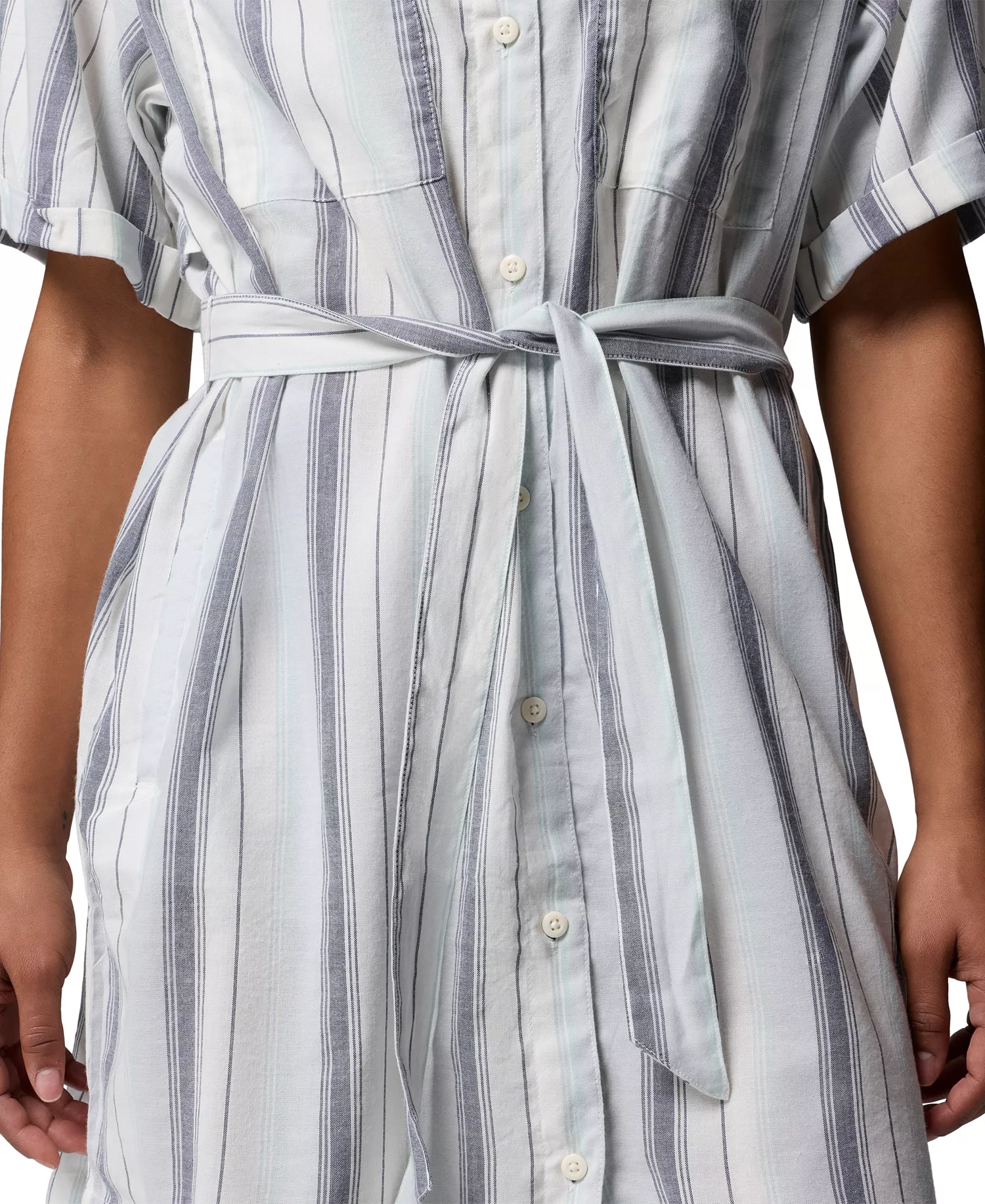 Women’s Striped Short-Sleeve Shirt Dress - Cirrus Grey, Lowtide Stripe - L