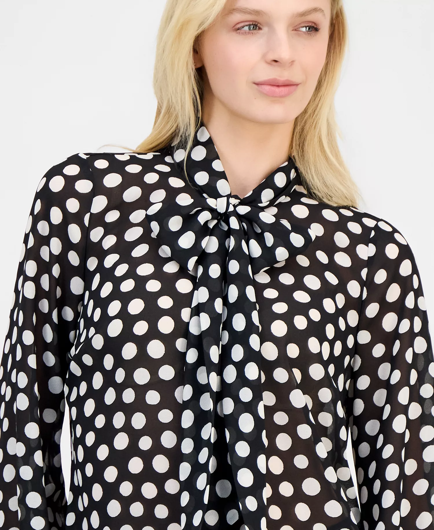 Women's Printed Long-Sleeve Bow Blouse - Black White - L