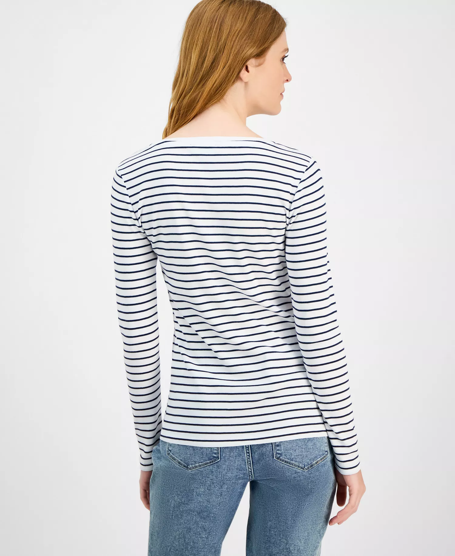 Jeans Women's Cotton Striped Scoop-Neck T-Shirt - Bright White/ Night Sky - L