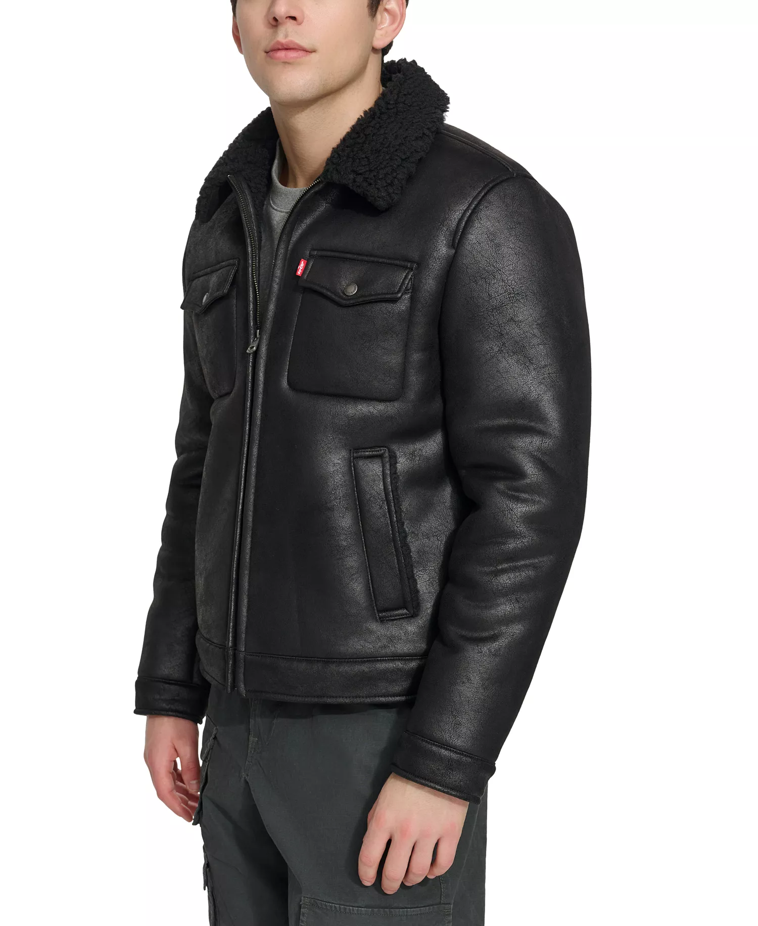 Men's Faux-Shearling Full-Zip Trucker Jacket - Black - L