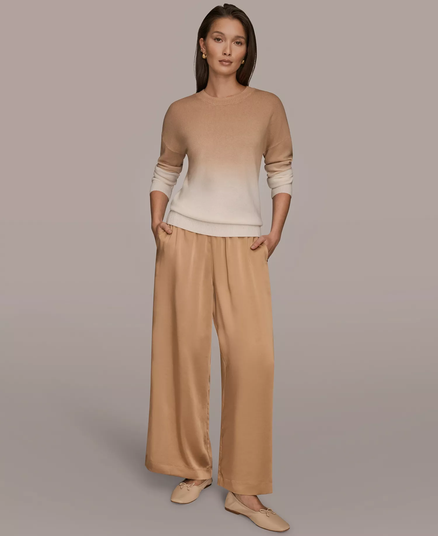 Women's Long Sleeve Wool Cashmere Blend Dye Dip Sweater - Cream/Fawn - L