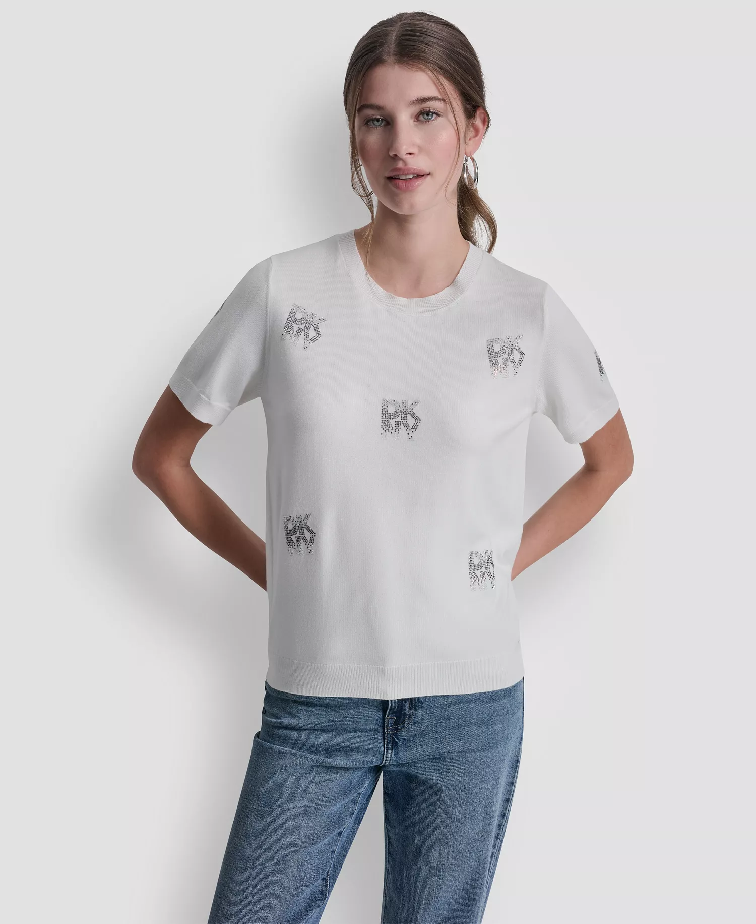 Women's Embellished Logo Crew Neck Sweater - Ivory - L