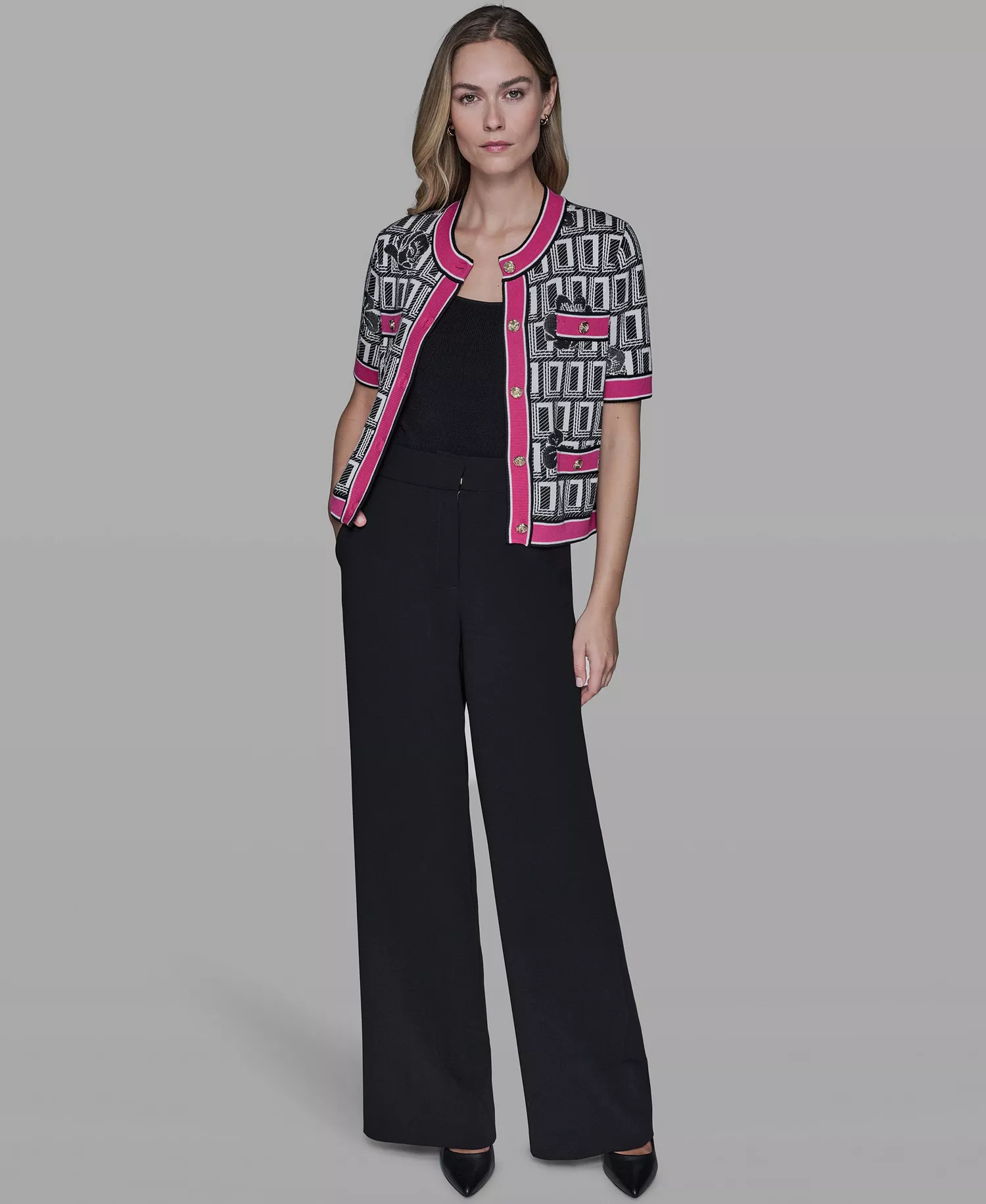 Women's Crew Neck Button-Front Sweater - Soft White/black/paris Pink - L