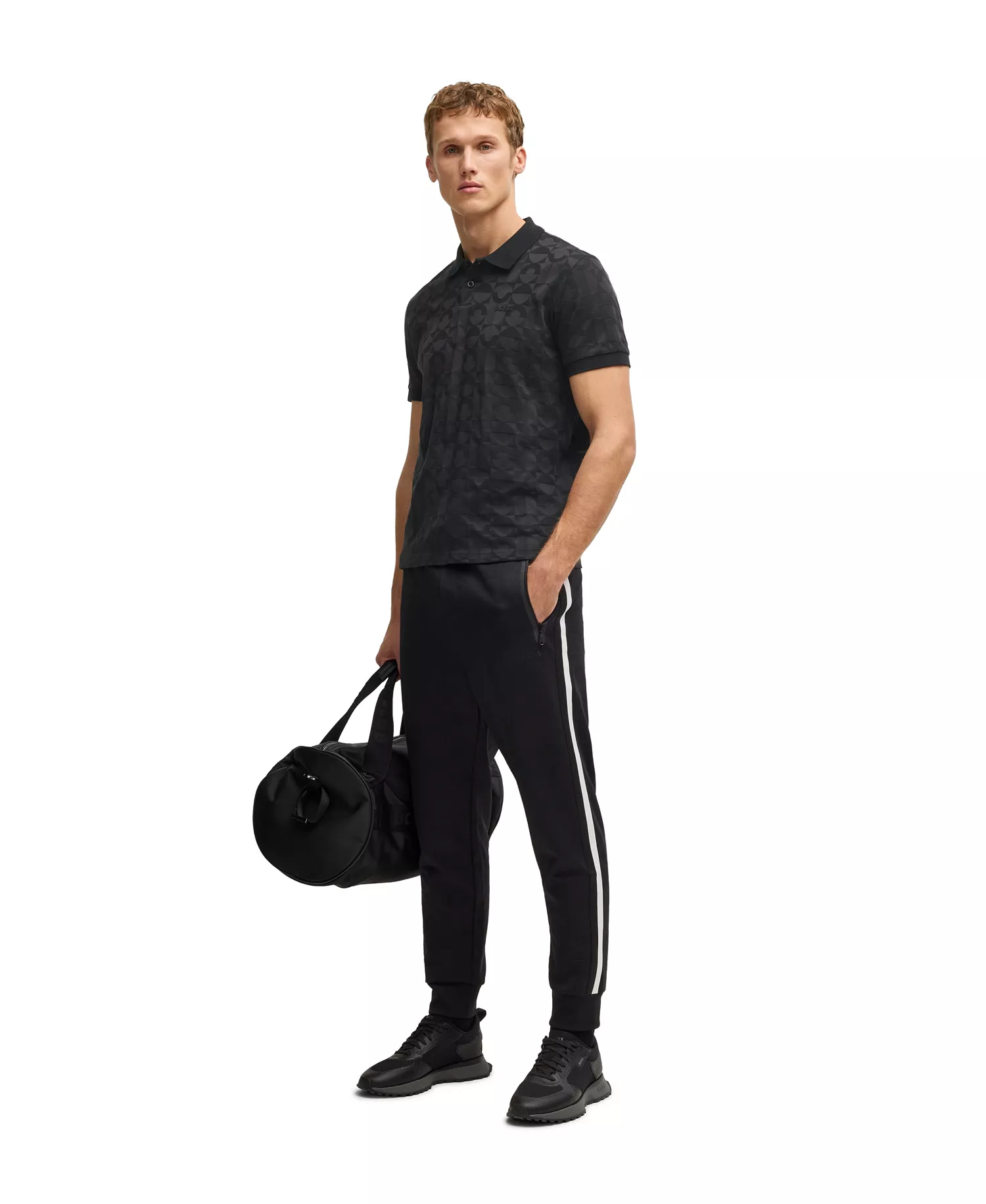 Men's Jacquard Circle Polo Shirt - Black - M