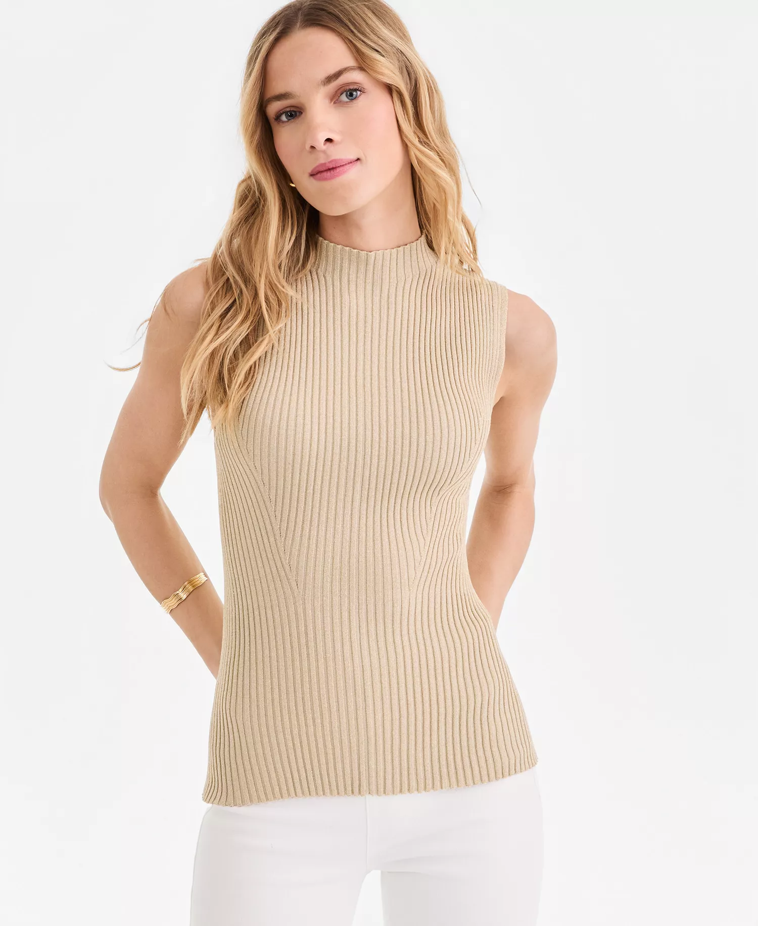Women's Metallic Rib-Knit Sleeveless Sweater, Macy's Exclusive - Grain/Gold - L