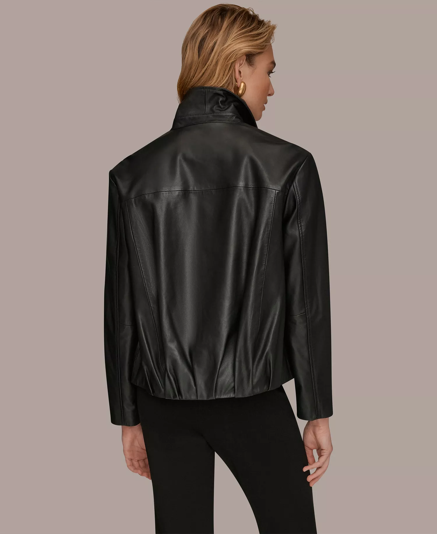 Women's Leather Bomber Jacket - Black - L