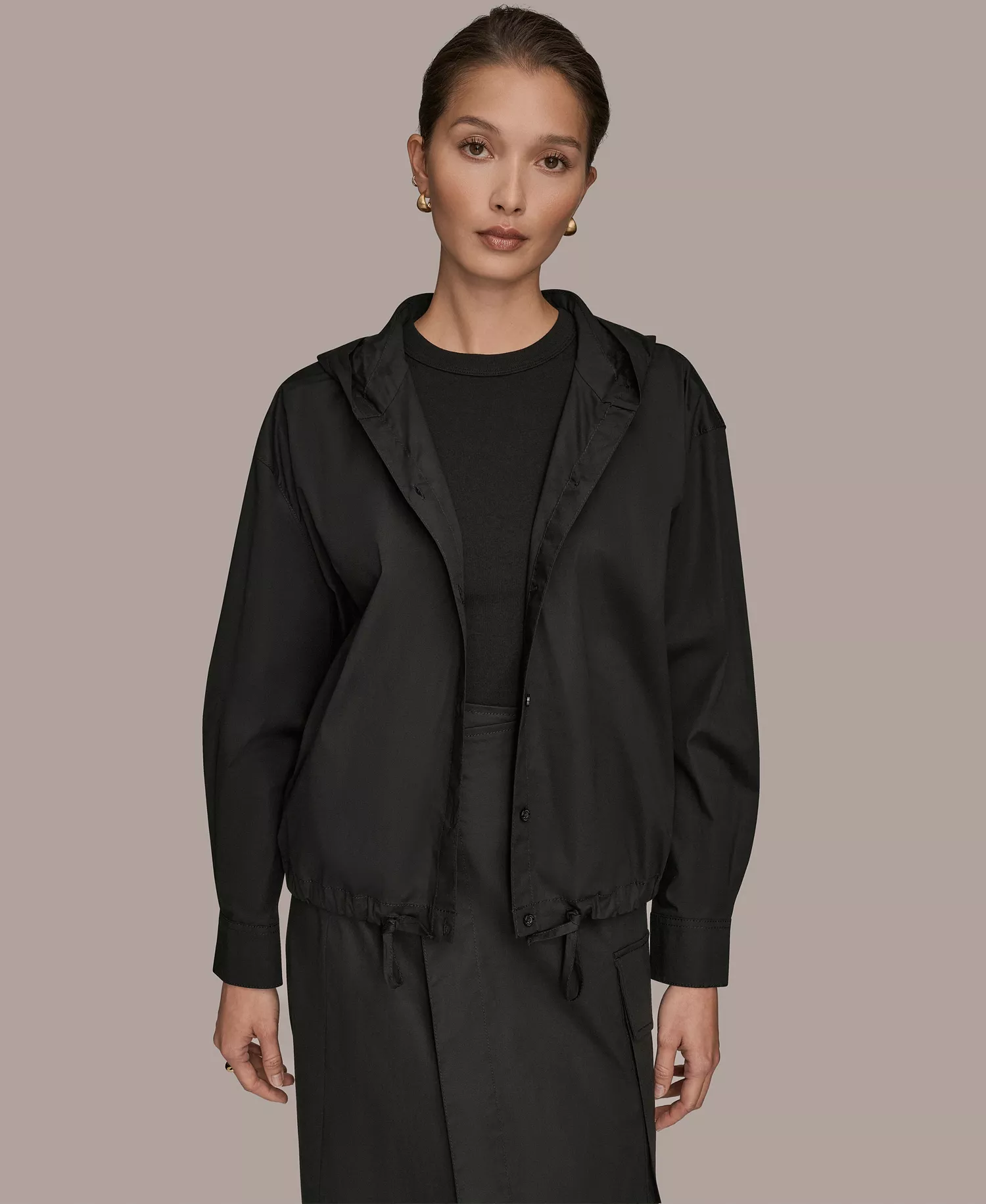 Women's Stretch Poplin Front Button Hooded Jacket - Black - L