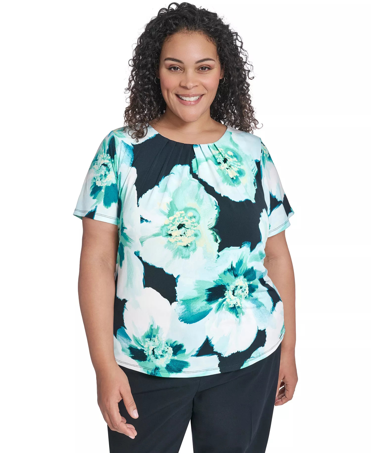 Plus Size Crewneck Short-Sleeve Top - Navy/Seaspray Multi - 1X