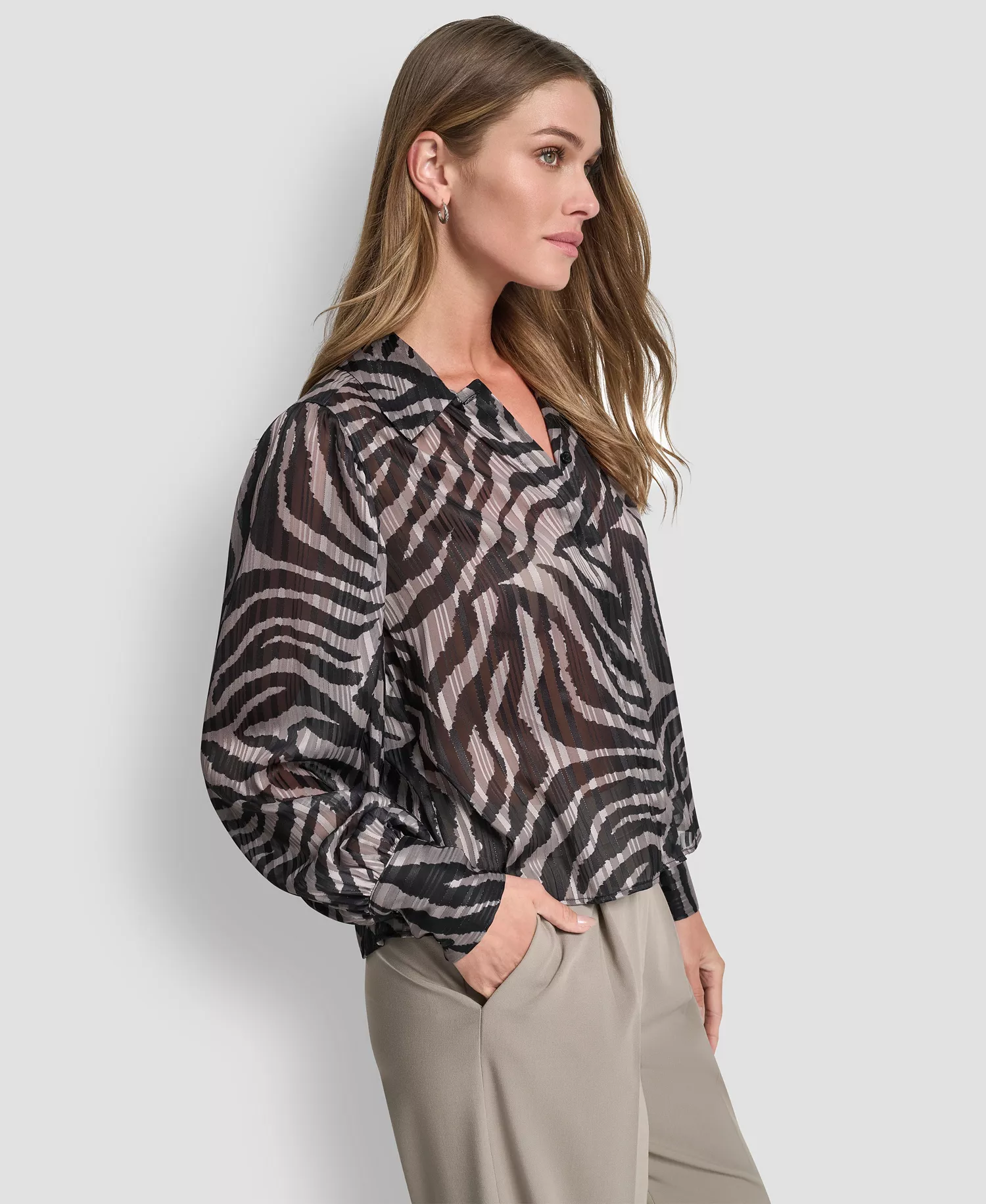 Women's Long Sleeve Collared Blouse - Black/tan - L