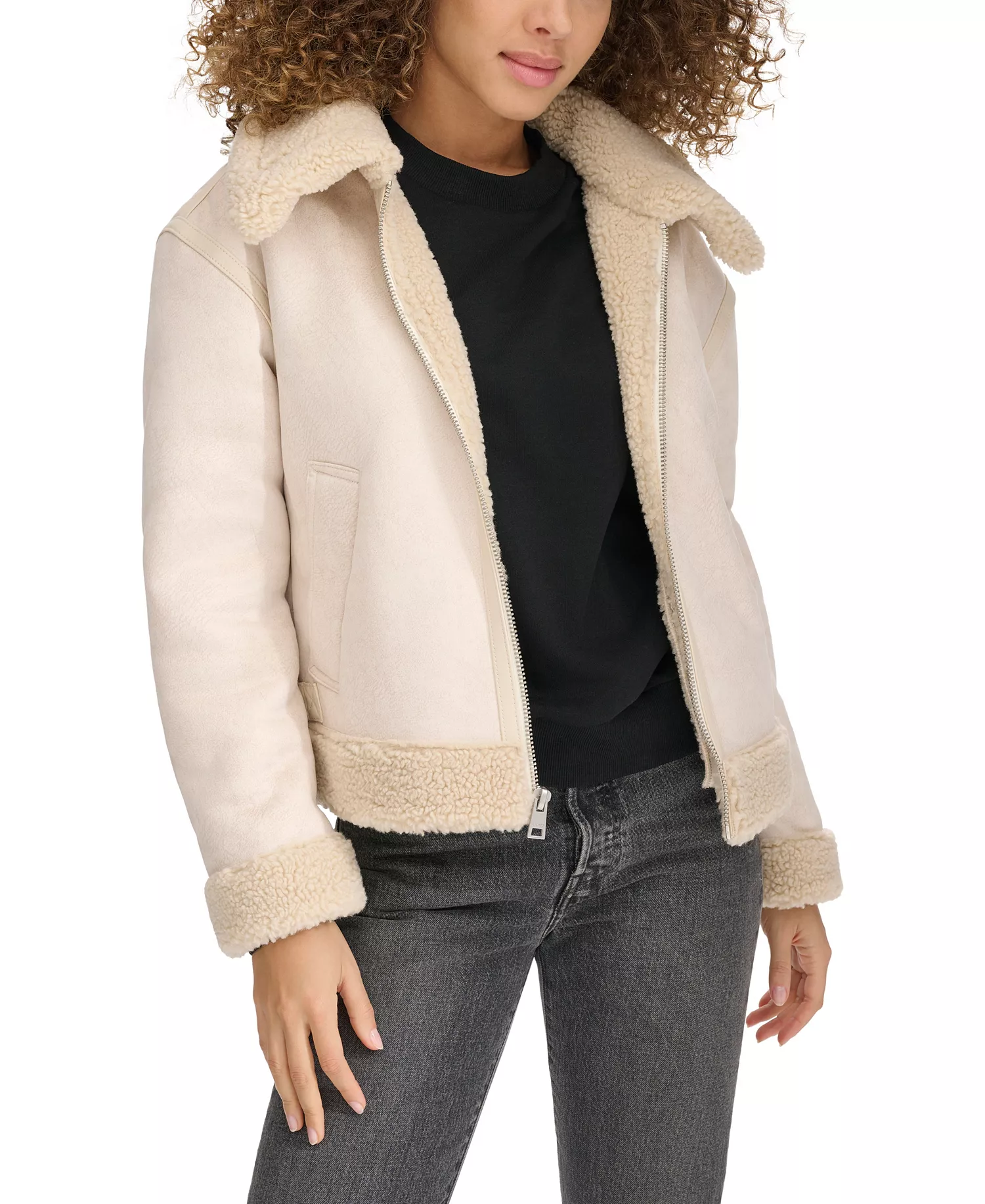 Women's Faux Shearling Aviator Jacket - Almond Milk - L