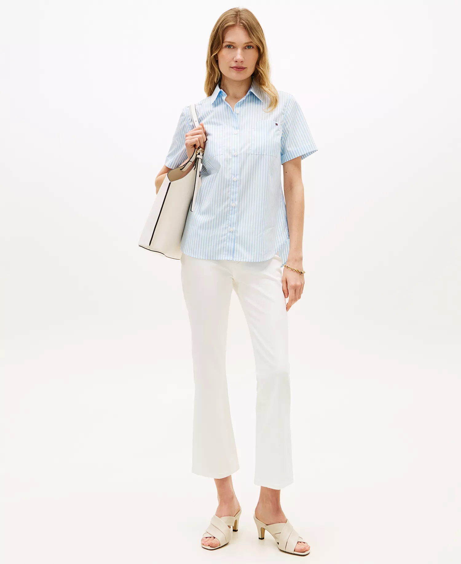 Women's Striped Poplin Short-Sleeve Shirt - Banker Stripe Vessel Blue / White - L