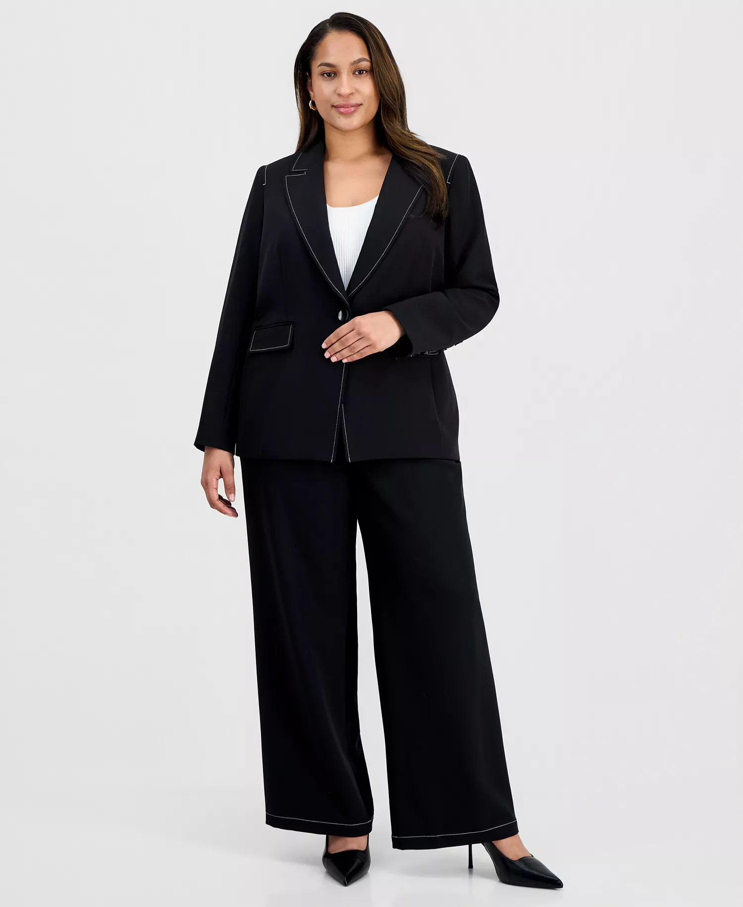 Plus Size Peak-Lapel Single-Button-Front Long-Sleeve Jacket  - Black White - 14W