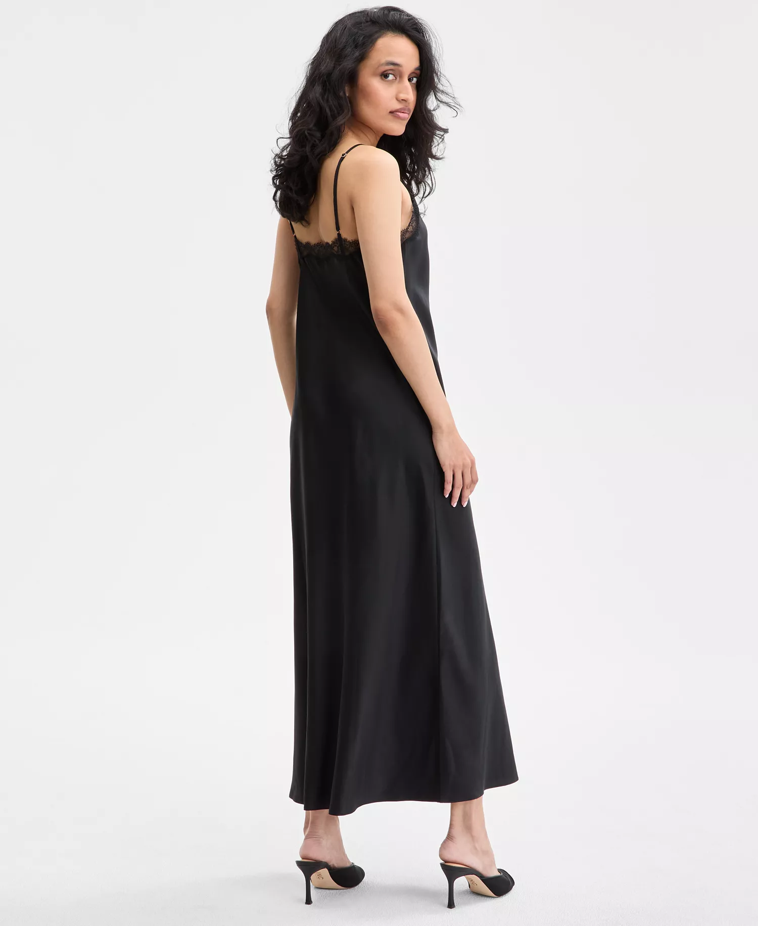 Women's Lace-Trim Satin Nightgown, Exclusively at Macy's - Deep Black - L