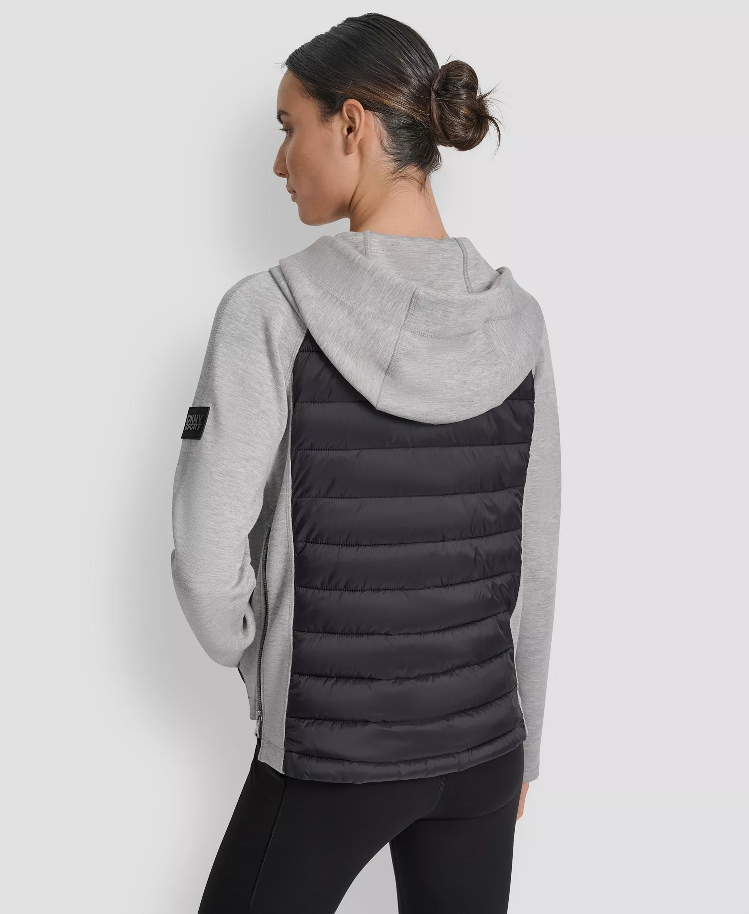 Women's High Low Hem Scuba Mixed Quilted Puffer Jacket - Matte Black/ Pearl Grey Heather - L