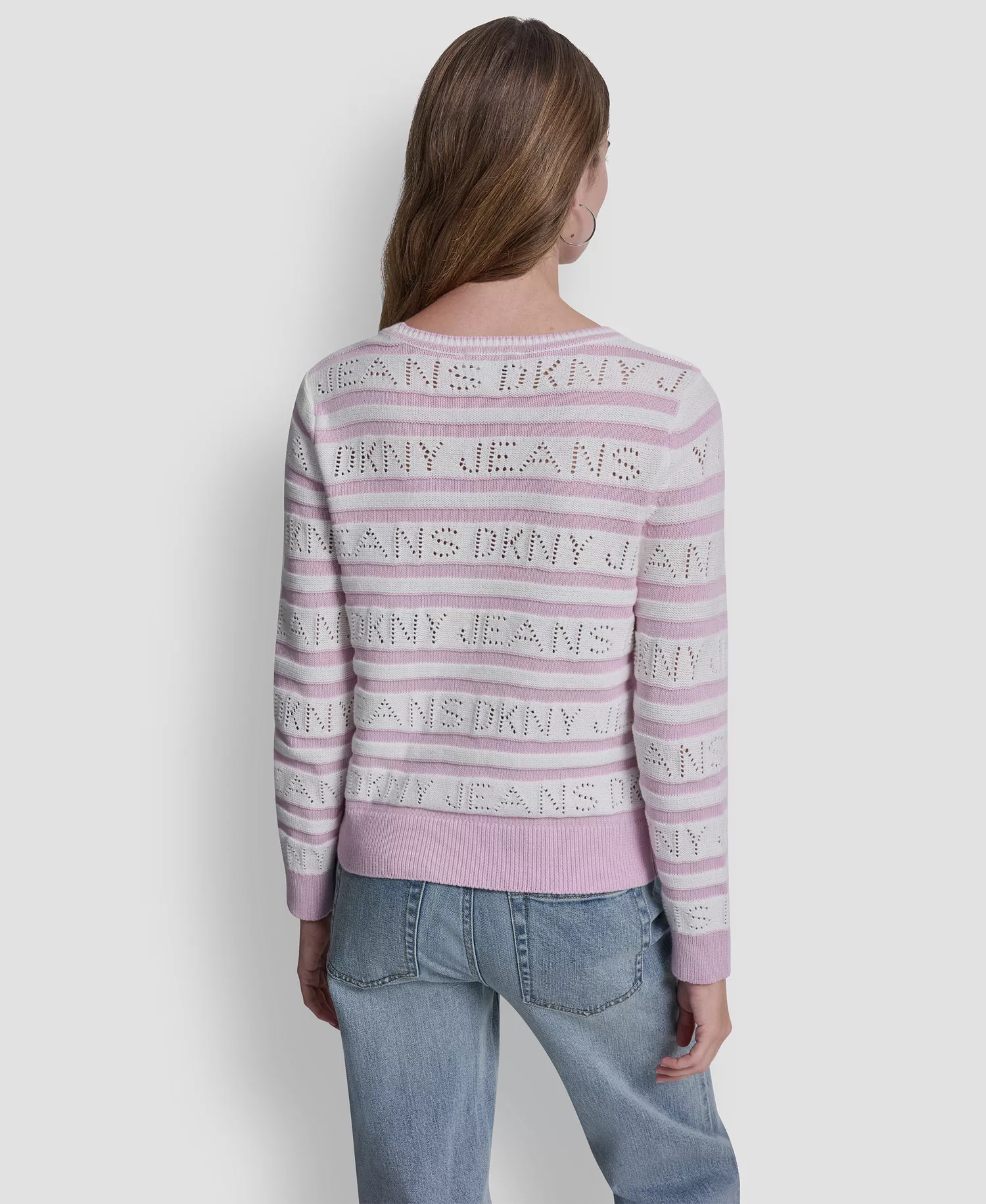 Women's Crewneck Logo Pointelle Striped Sweater - Ivory/pnk Lavender - L