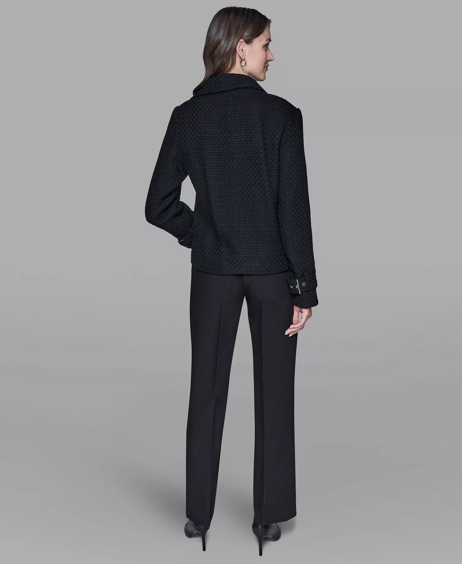 Women's Exposed Zipper Tweed Moto Jacket - Black - L