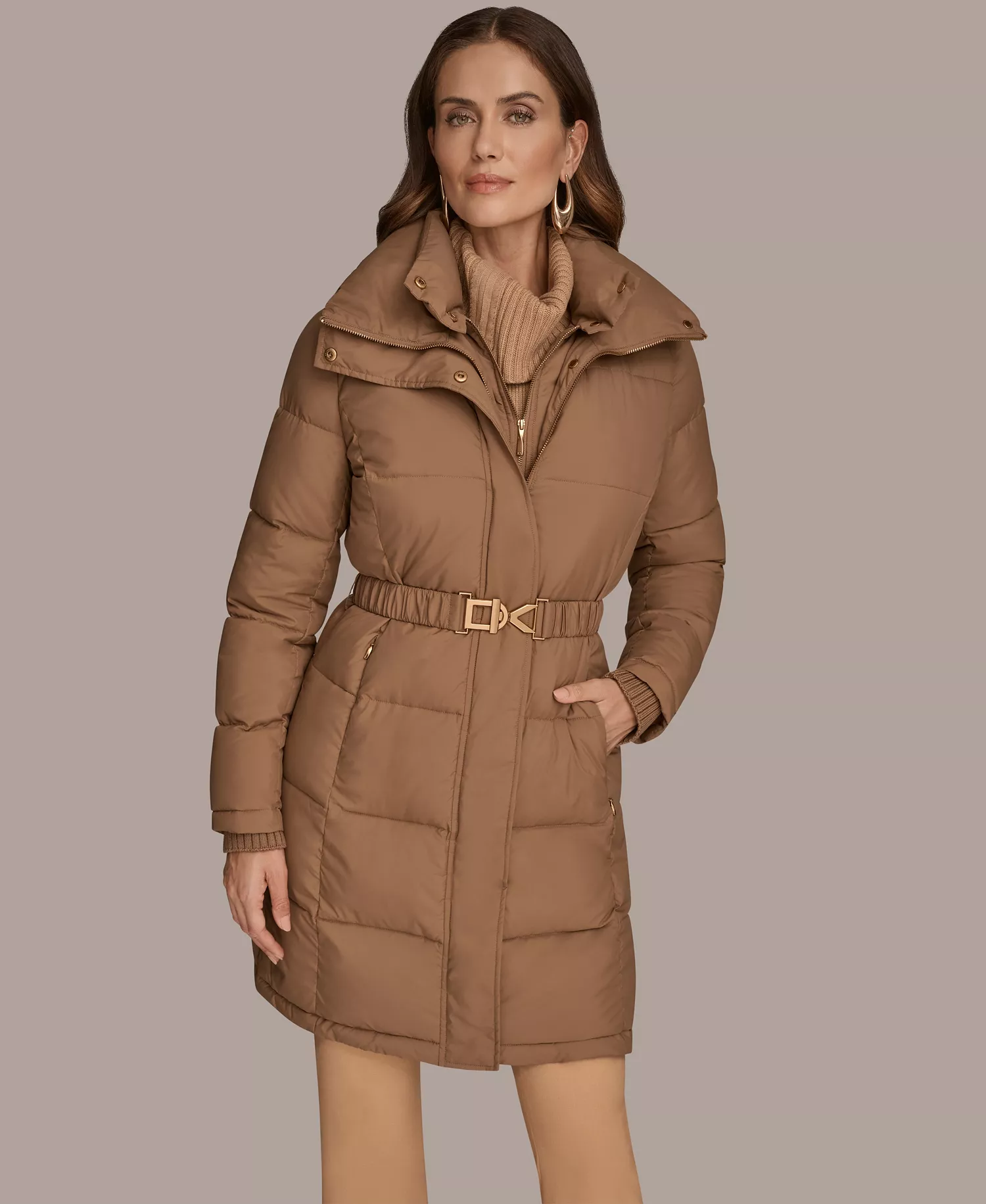 Women's Belted Bibbed Puffer Coat - Antiq gold - L
