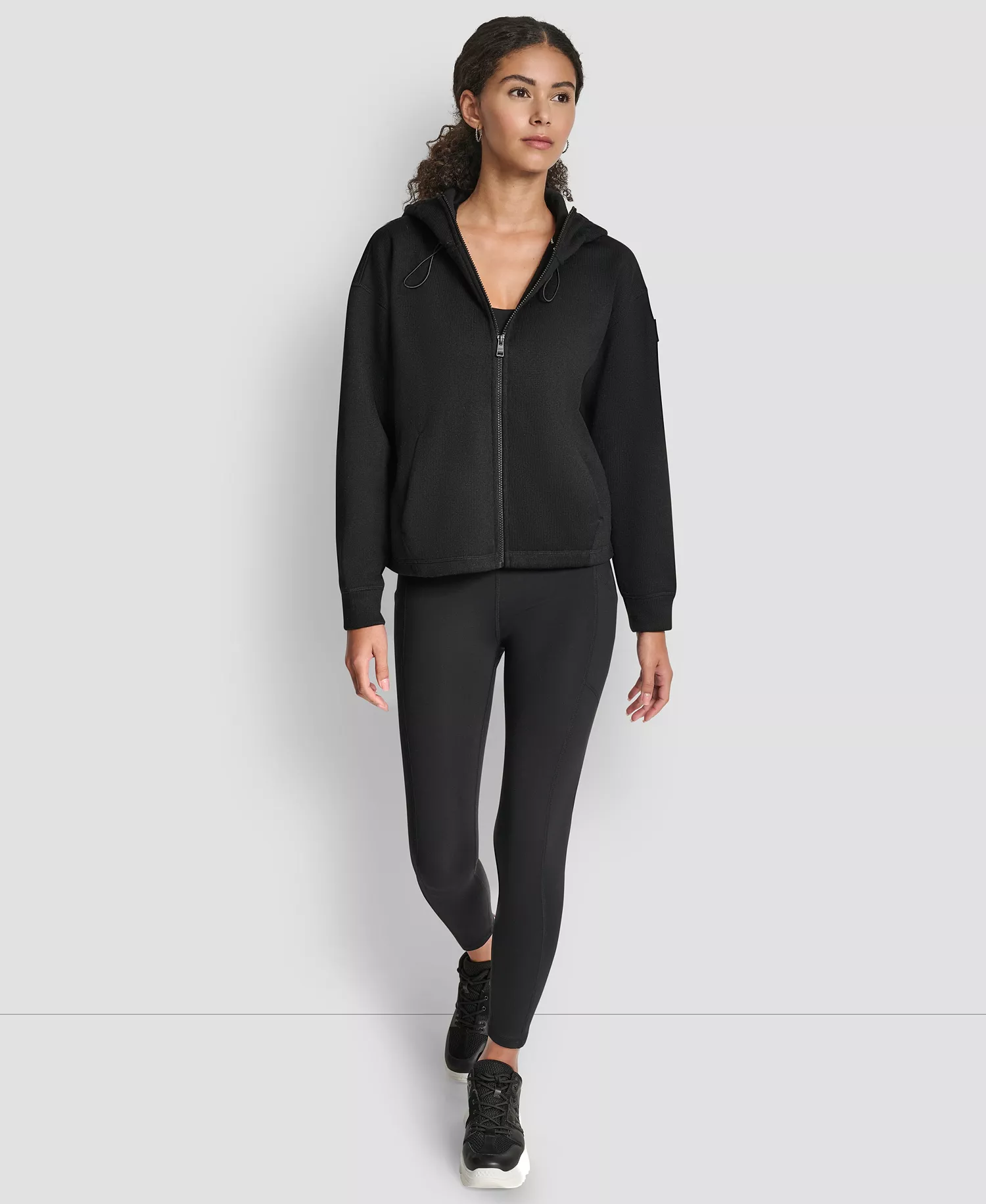 Women's Hooded Neck Zipper Jacket - Black - L