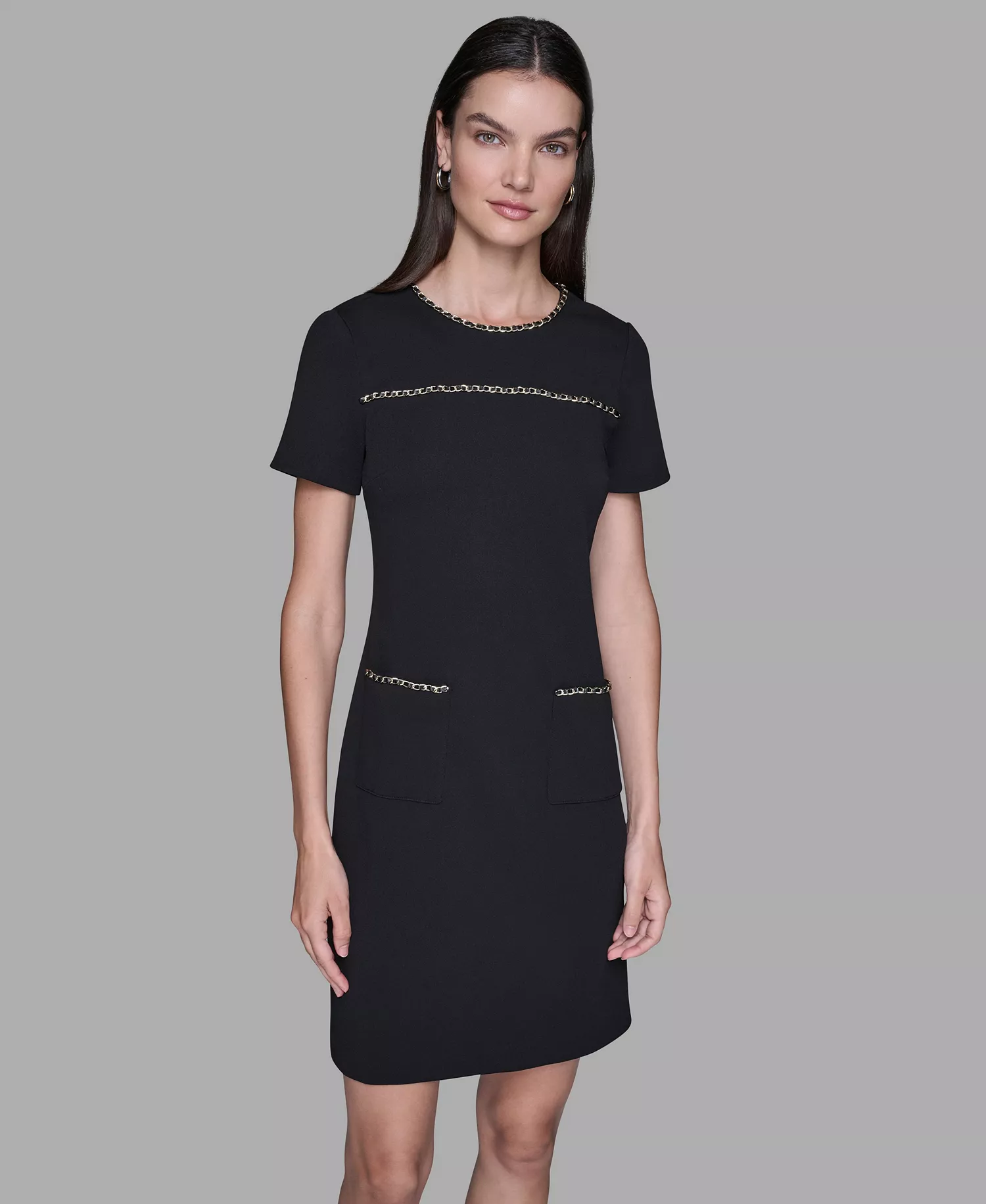 Women's Crew Neck Chain Detail Shift Dress - Black - 10