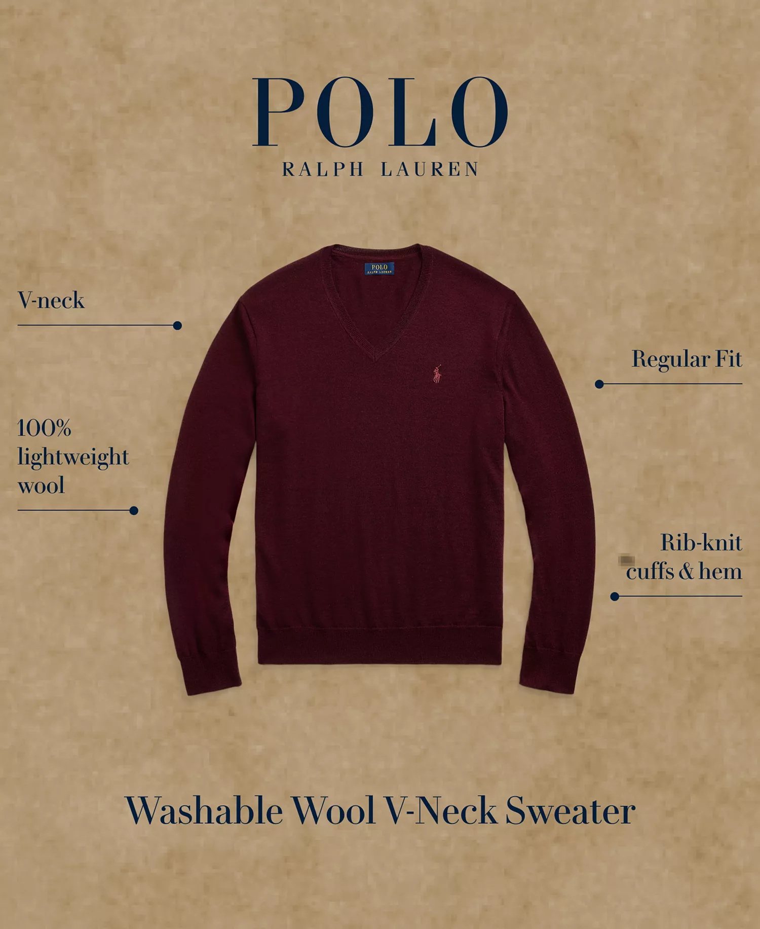 Men's Washable Wool V-Neck Sweater - Brown - 2XL