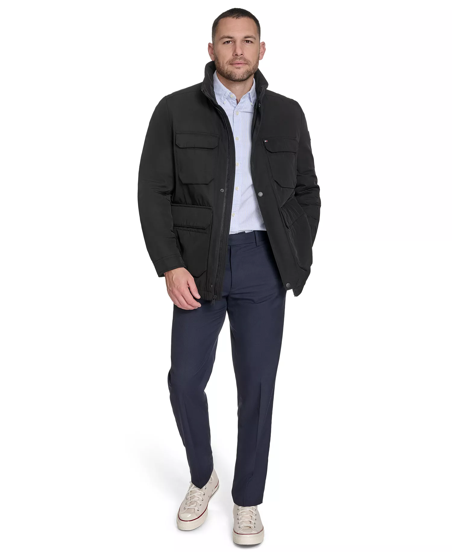 Men's Four Pocket Military-Inspired Field Jacket - Black - 2XL