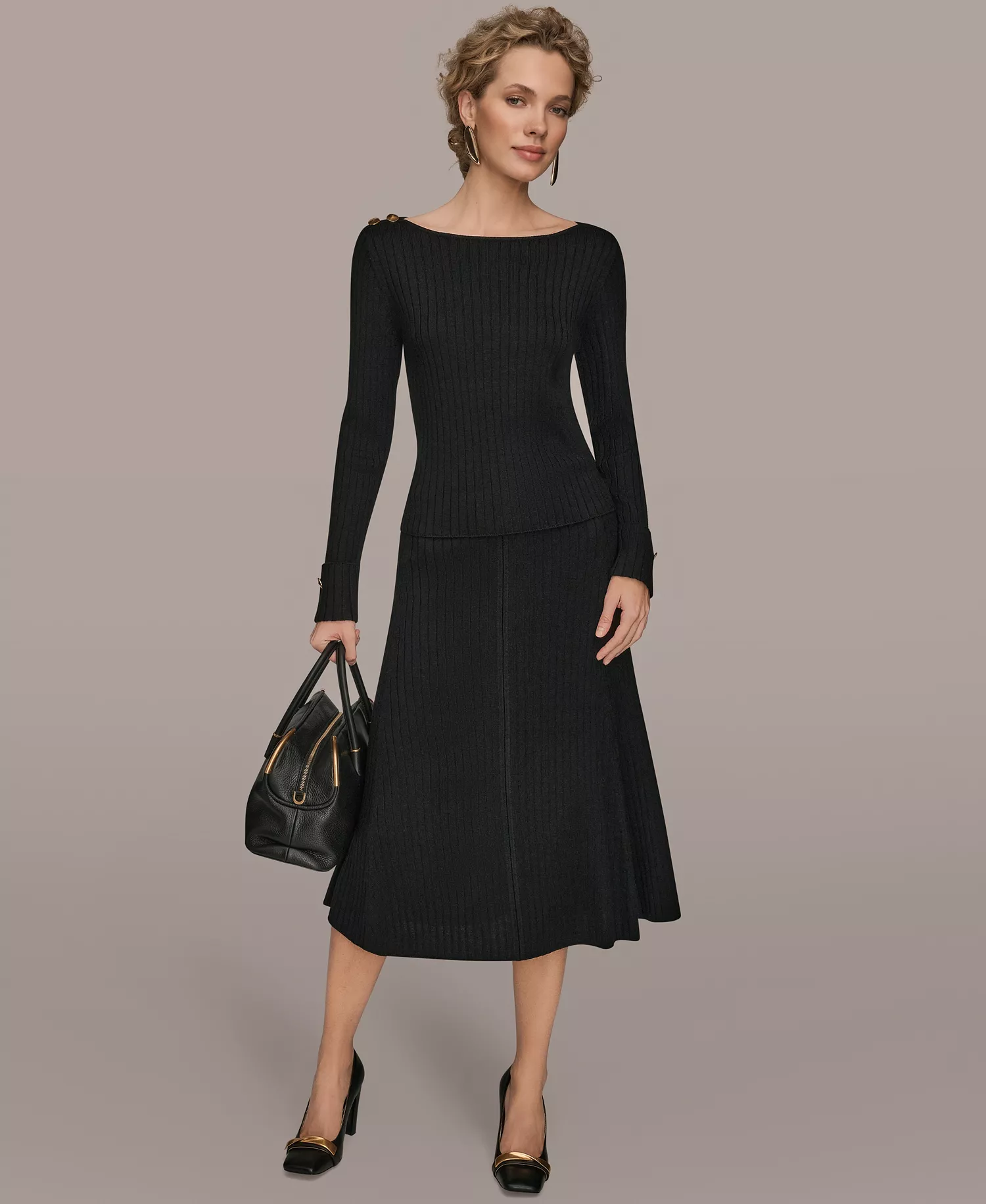 Women's Long-Sleeve Button Detail Sweater - Black - L