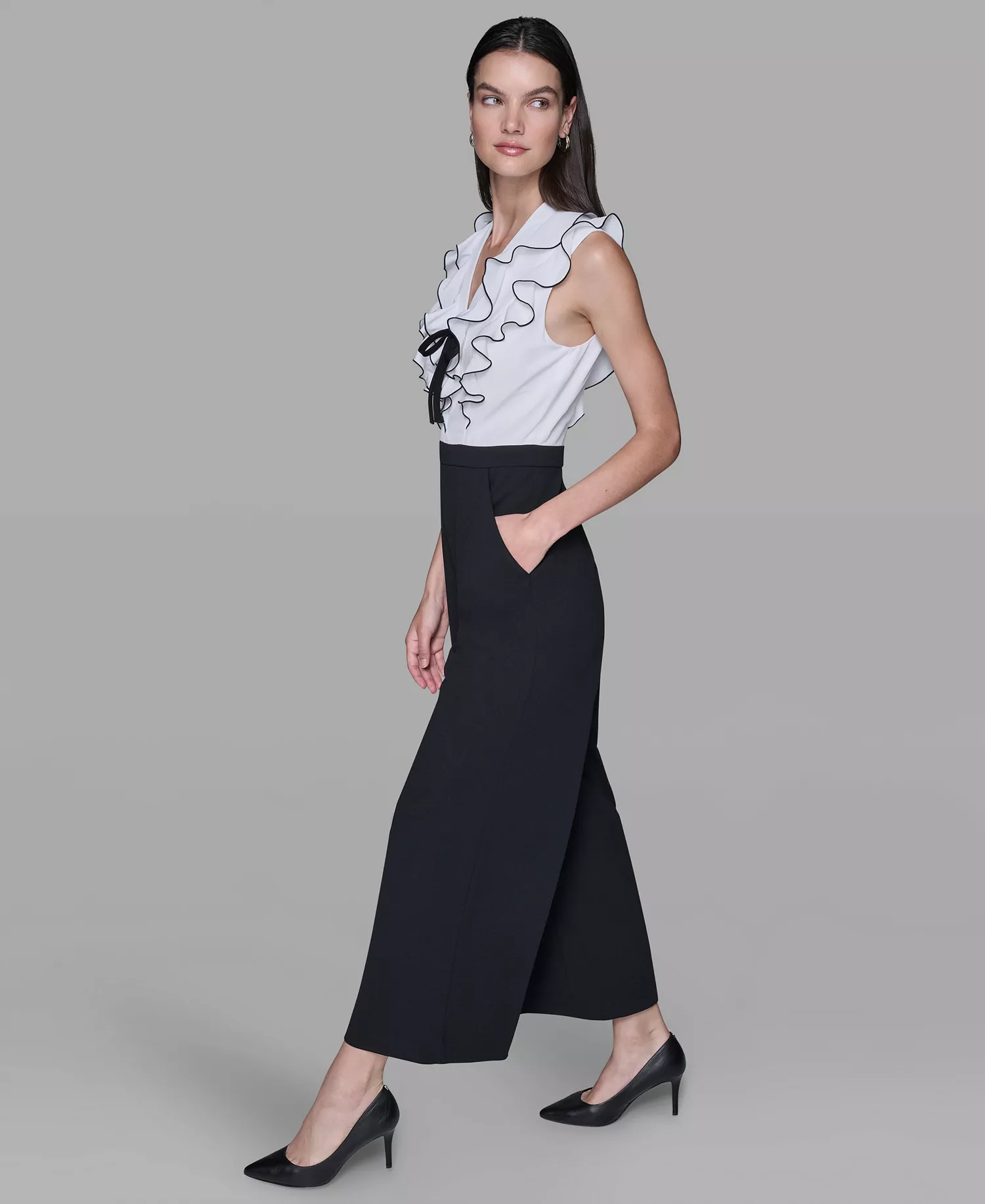 Women's Ruffle V-Neck with Contrast Bow Jumpsuit - Black/Soft White - 14